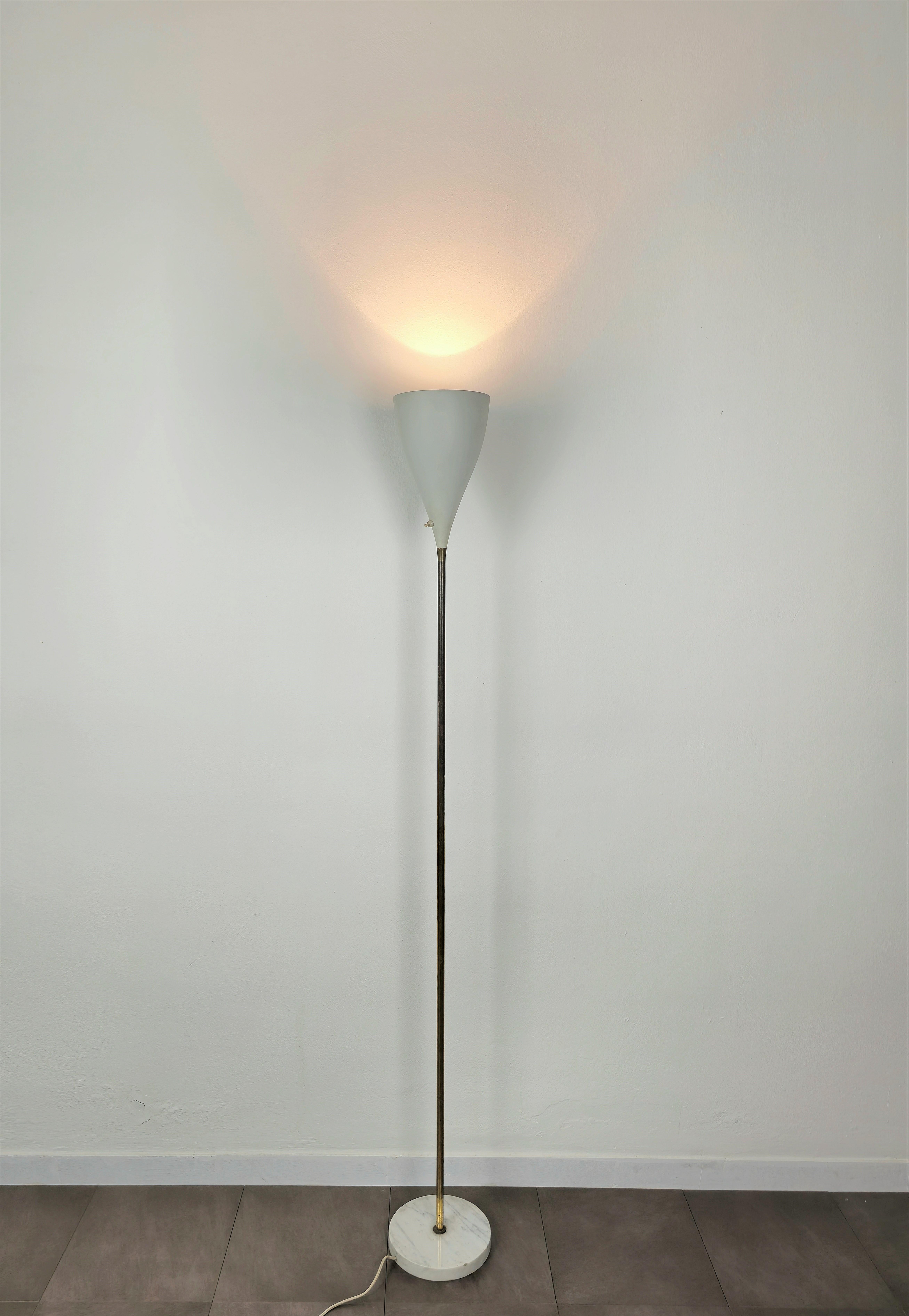 20th Century Floor Lamp Attributed to Stilnovo Brass Aluminum Marble Midcentury, Italy, 1950s For Sale