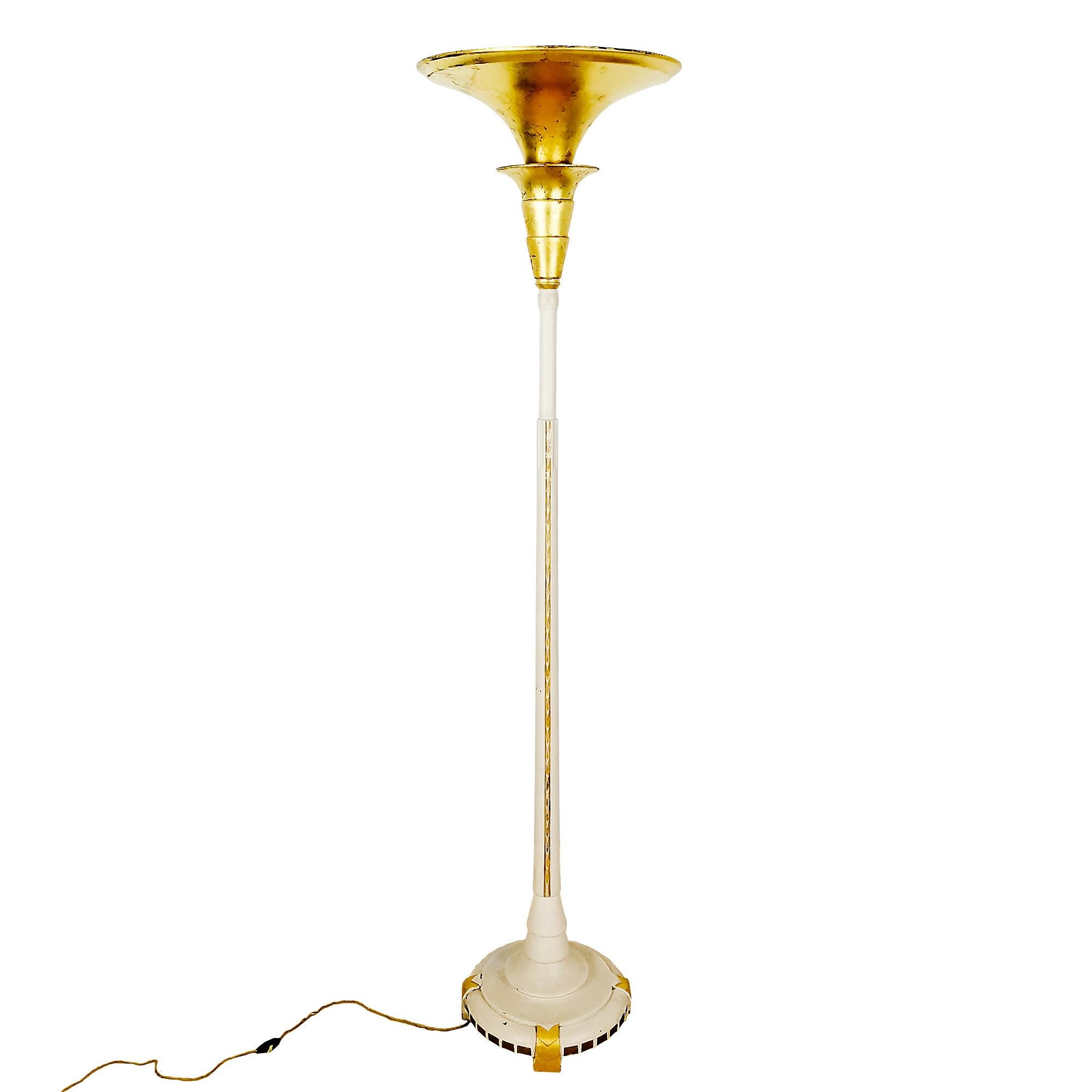 Belgian Art Deco Floor Lamp in Carved Solid Wood and Golden Details - Belgium 1925 For Sale