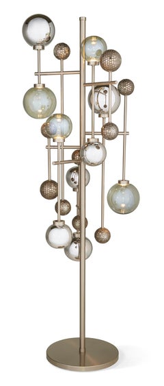Floor Lamp Brass Frame Nickel or Brass Finish Glass Spheres Artistic Mosaic