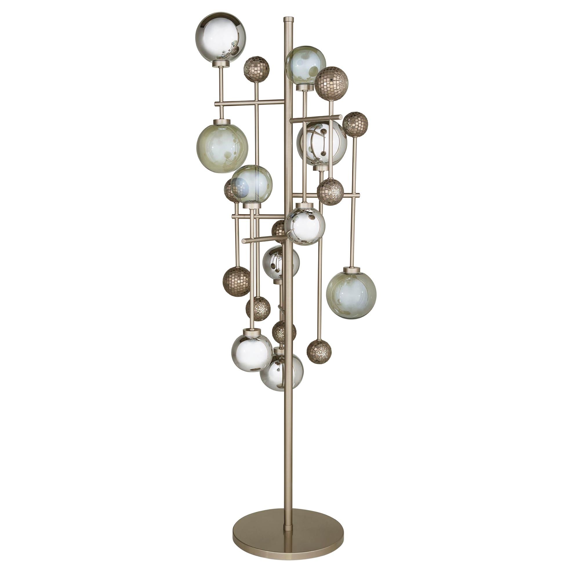 Floor Lamp Brass Frame Nickel or Brass Finish Glass Spheres Artistic Mosaic