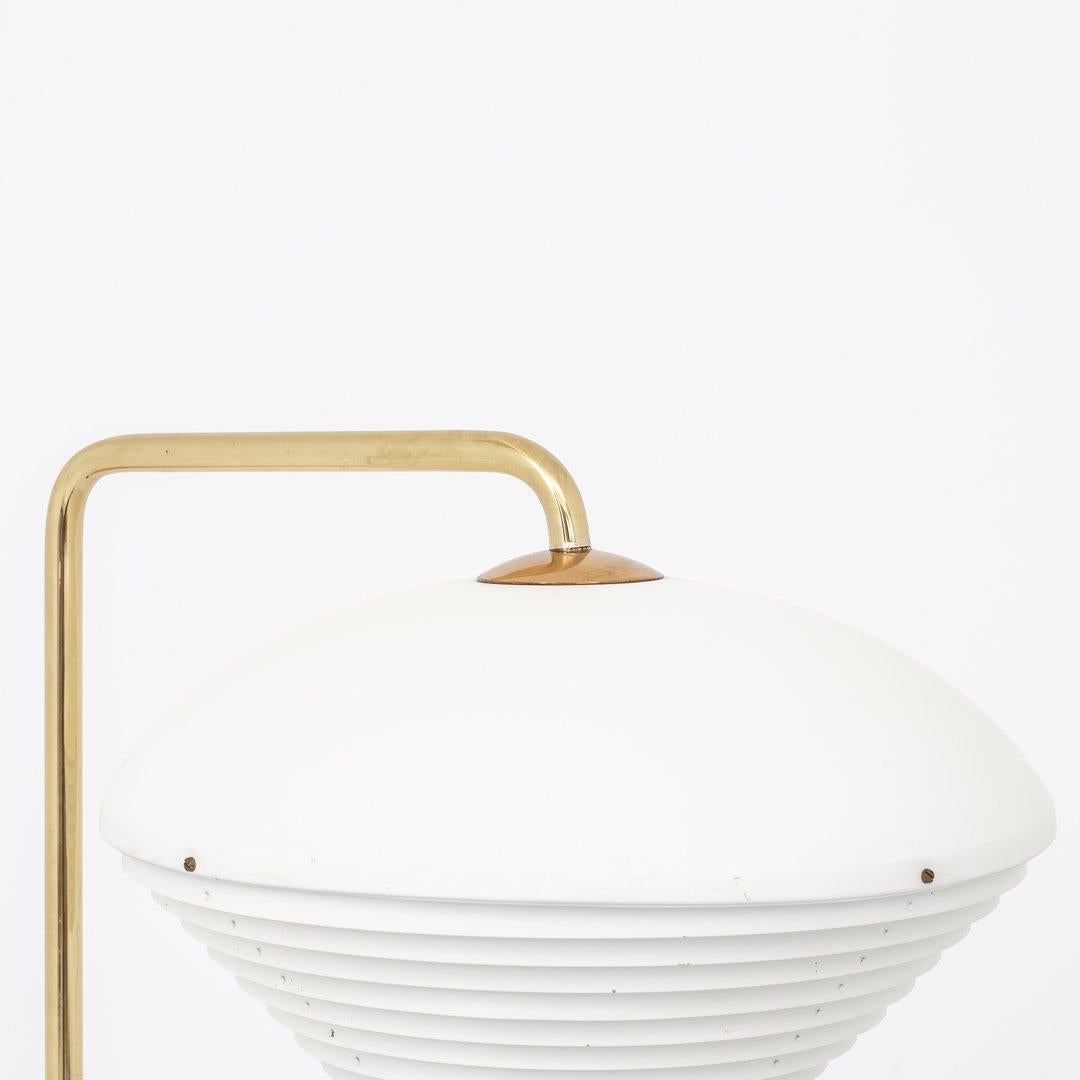 Model A811 - rare floor lamp in brass, white lacquered metal and black leather, 1960s. Maker Valaistustyö.