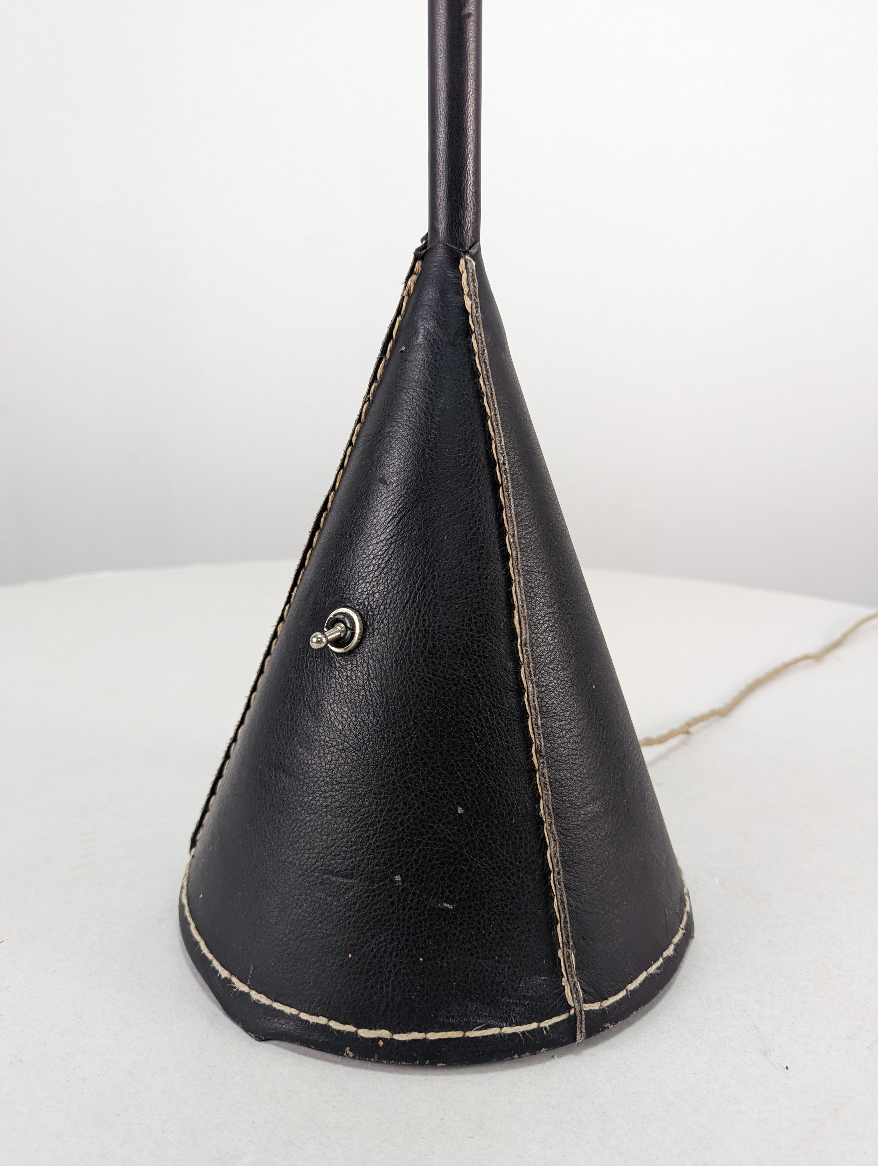 European Floor Lamp by Jacques Adnet in Black Leather, 1950s