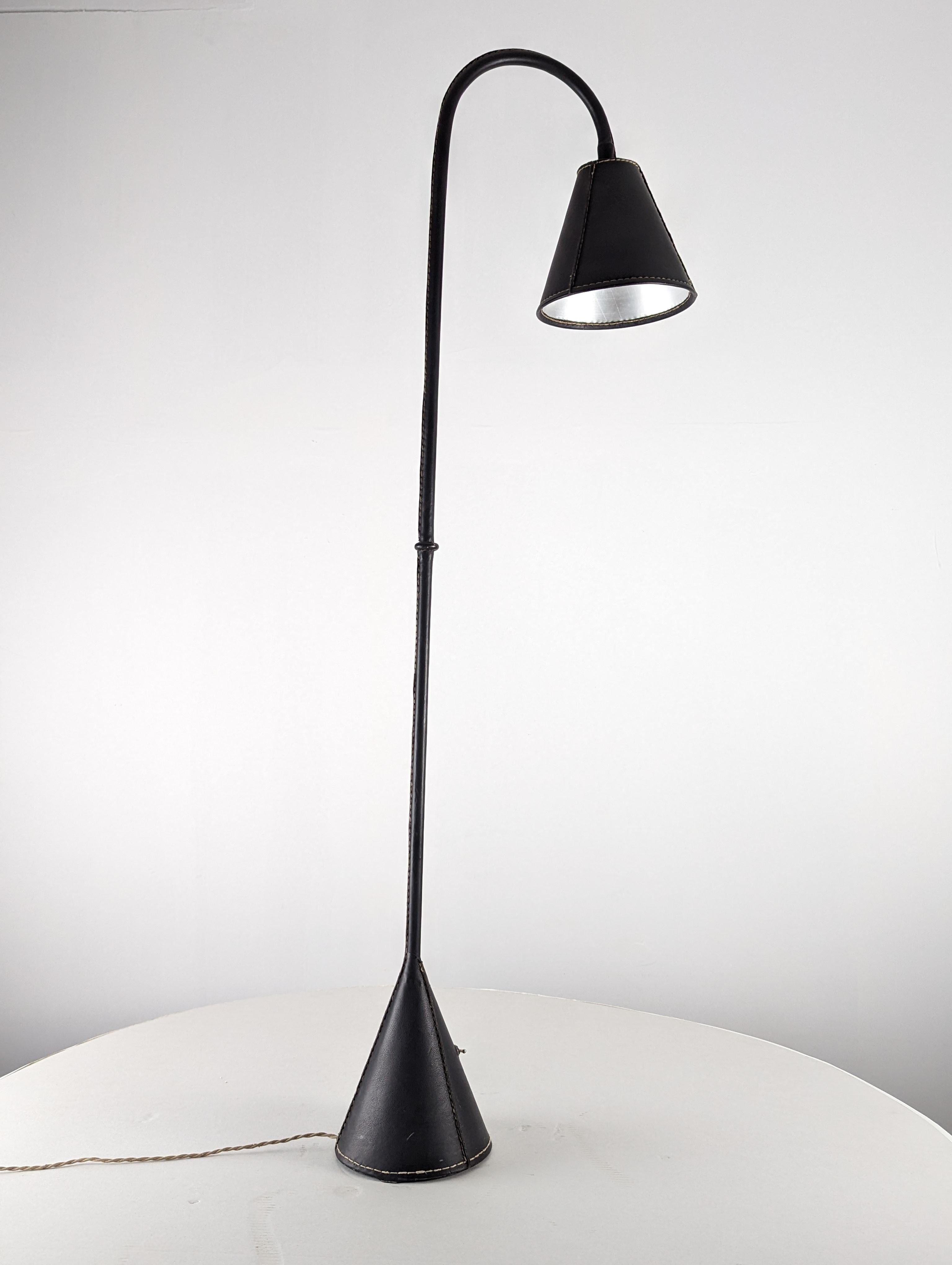 Metal Floor Lamp by Jacques Adnet in Black Leather, 1950s