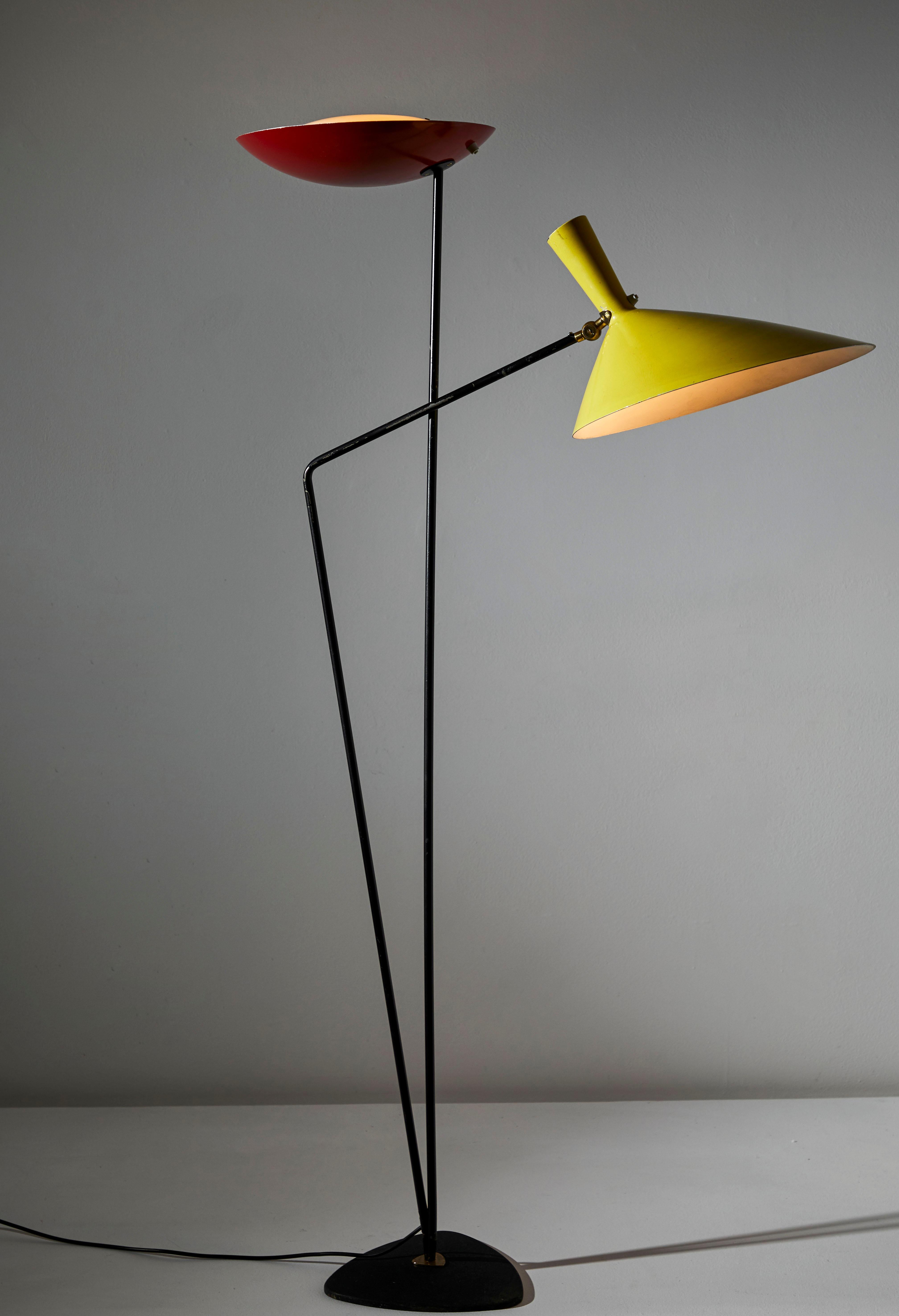 Floor Lamp by Prof. Carl Moor for BAG Turgi. Designed and manufactured in Switzerland circa, 1950's. Enameled metal, brass, acrylic. Original cord. Takes two E27 40w maximum bulbs. Bulbs provided as a onetime courtesy.