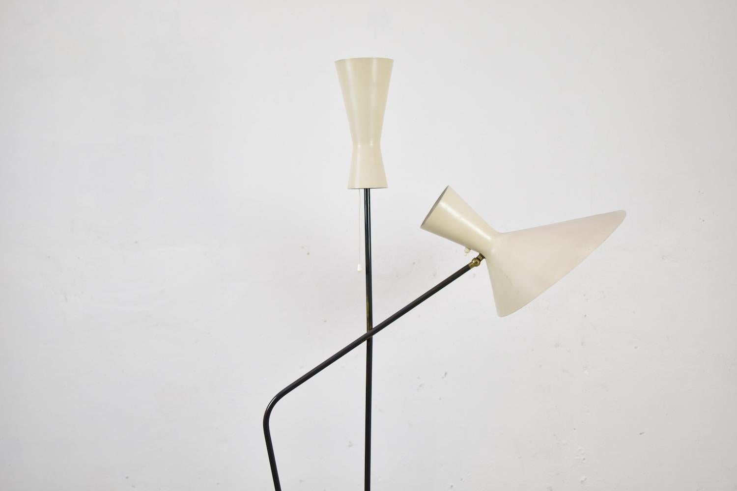 Proud to present you this ultra rare floor lamp by Professor D. Moor for BAG Bronzewaren Fabrik, Switzerland 1953. This floor lamp is made out of bronze and has two beige lacquered enameled shades. Very good original condition and rewired for