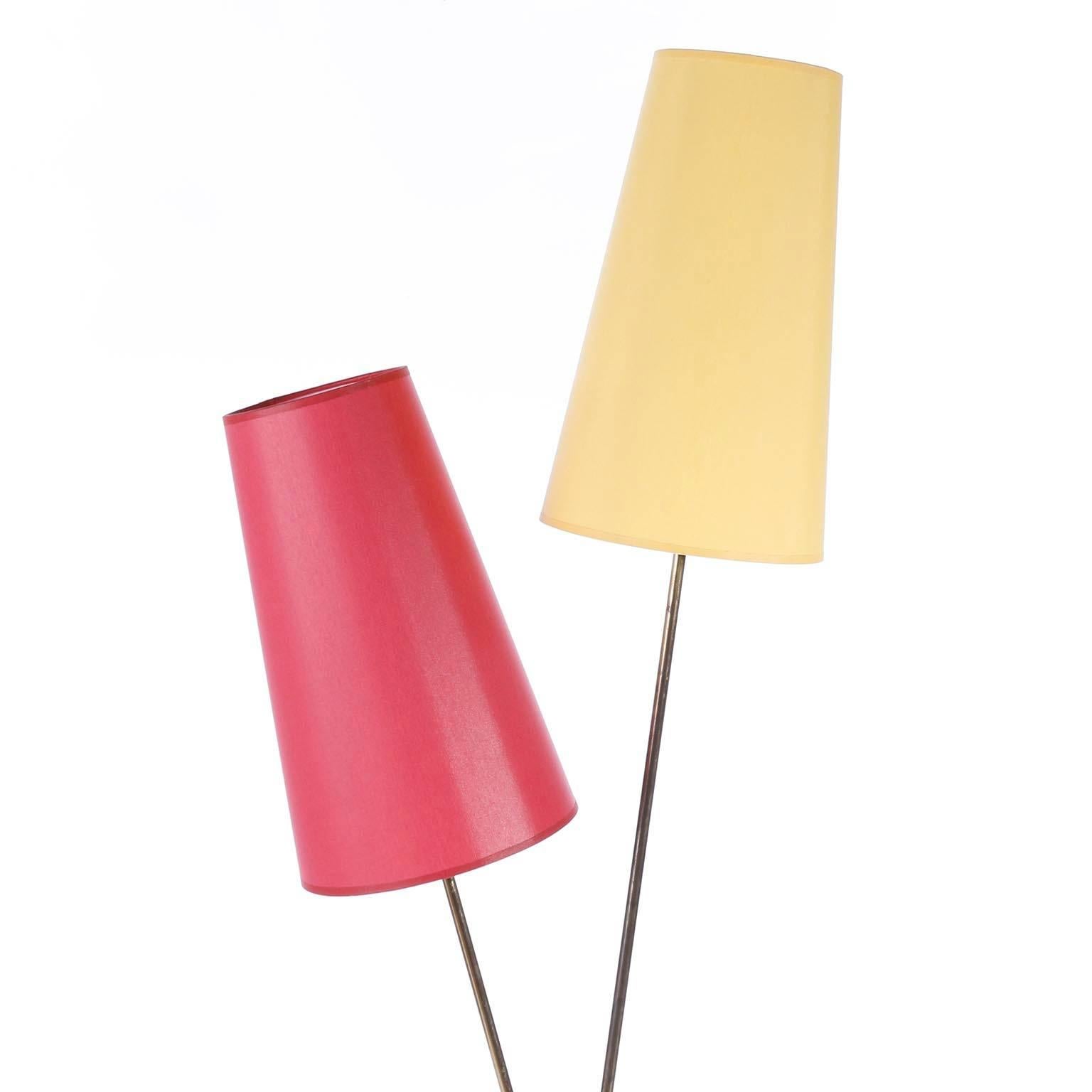 A floor lamp by Rupert Nikoll, Vienna, Austria, manufactured in midcentury, circa 1960 (late 1950s or early 1960s).
The lamp shades have been renewed on base of the original ones.