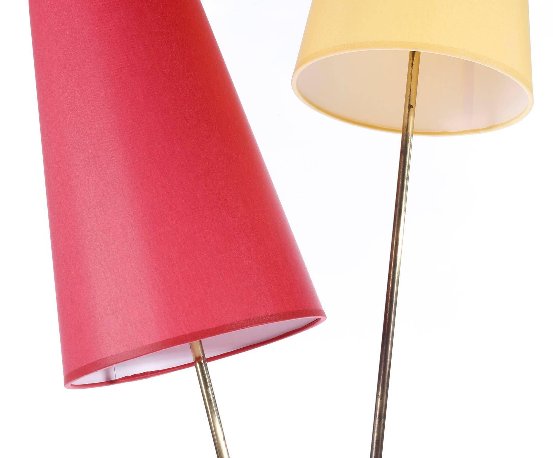 Mid-Century Modern Floor Lamp by Rupert Nikoll, Brass Yellow Red, Austria, 1960 For Sale
