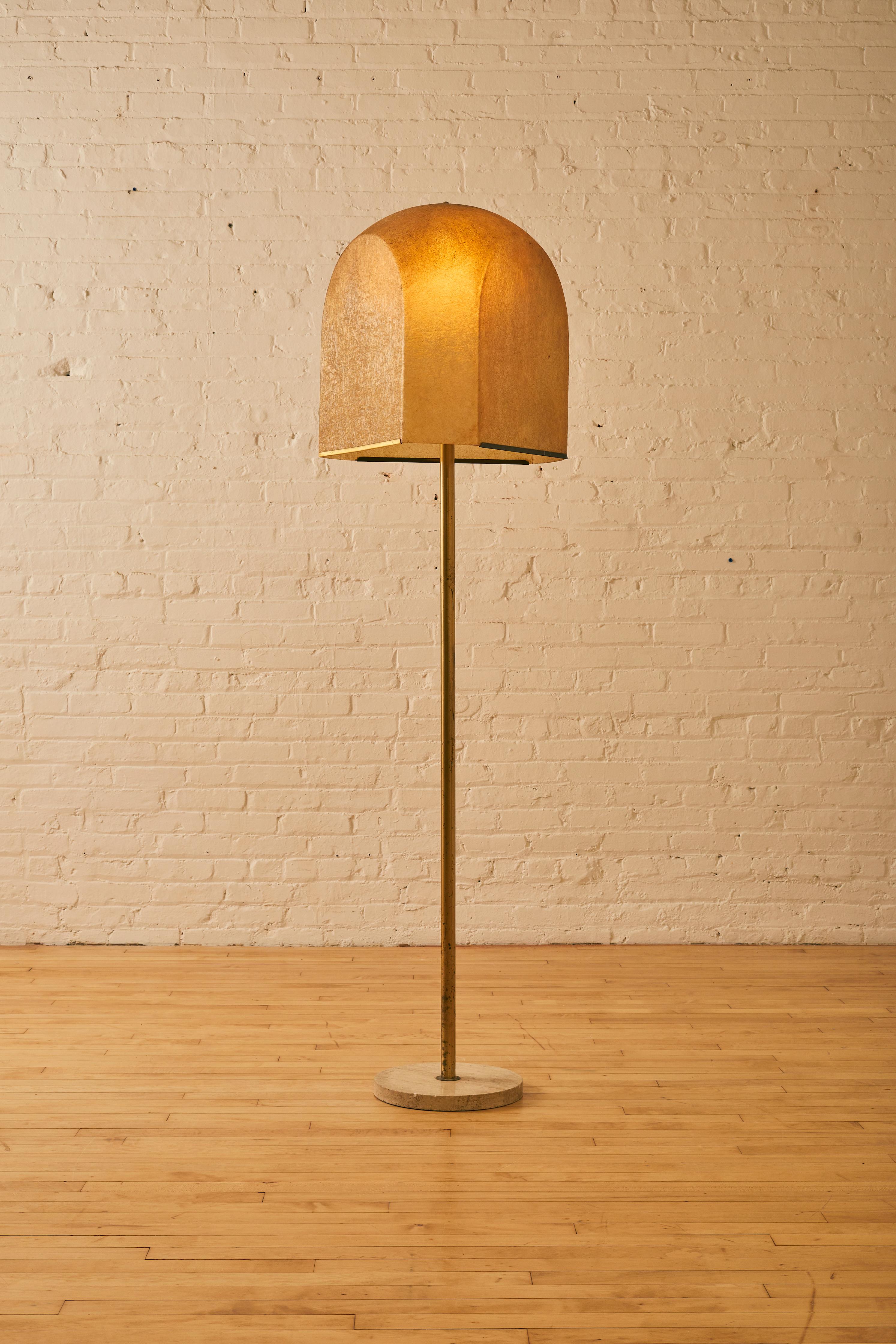 Floor Lamp by Salvatorre Gregorietti with a fiberglass shade, brass body, and travertine base.

