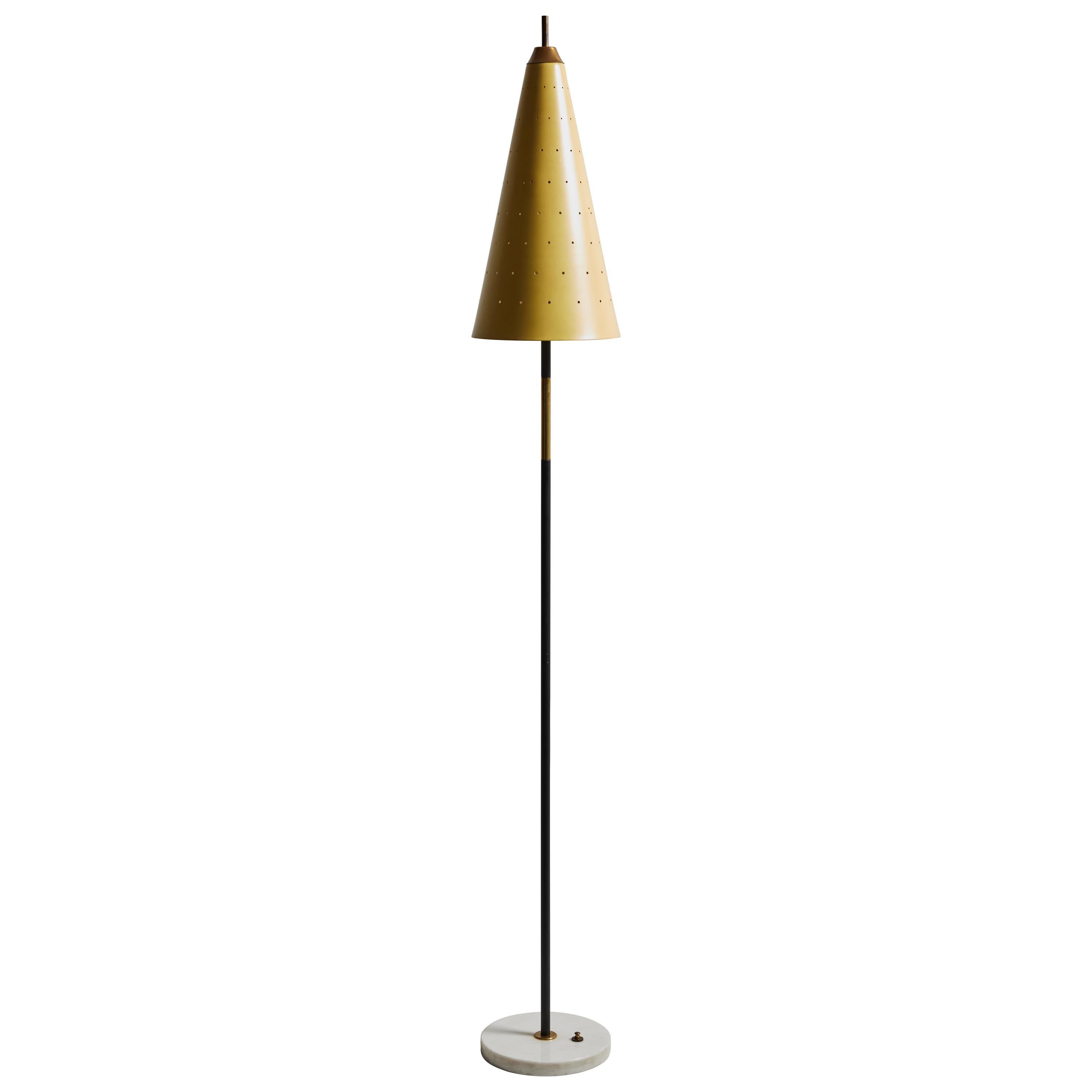 Floor lamp by Stilnovo. Manufactured in Italy, circa 1950s. Marble, brass, enameled metal. Original European cord. We recommend three E14 candelabra 40w maximum bulbs. Bulbs provided as a one time courtesy.