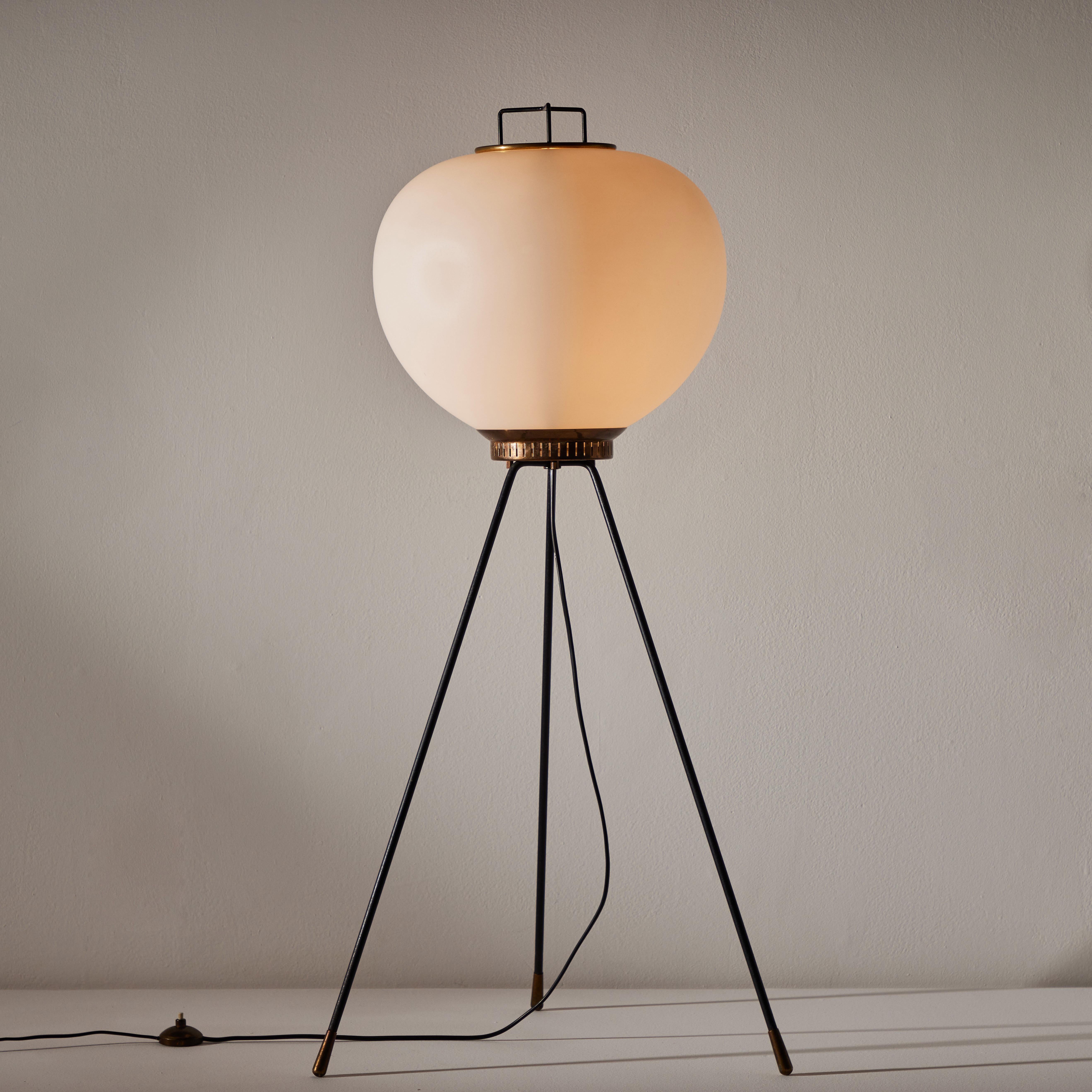 Floor Lamp by Stilnovo. Manufactured in Italy, circa 1950s. Brushed satin glass diffuser, enameled metal, brass. Original European cord. We recommend one E27 75w maximum bulb. Bulb provided as a one time courtesy.