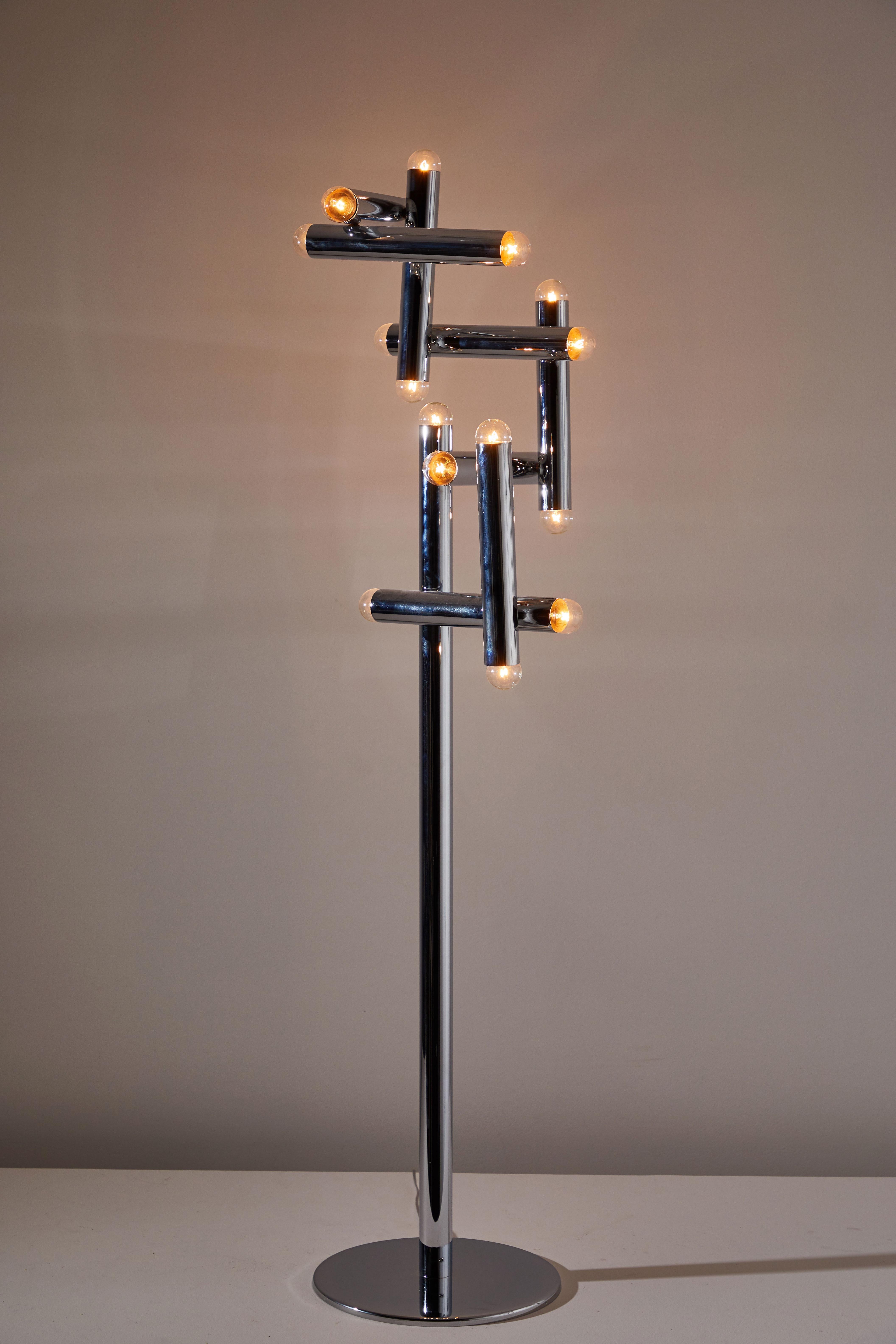 Floor lamp by Stilux. Manufactured in Italy, circa 1970s. Chrome-plated steel. Original European cord. Takes seventeen E26 15w maximum bulbs. Bulbs provided as a one time courtesy.