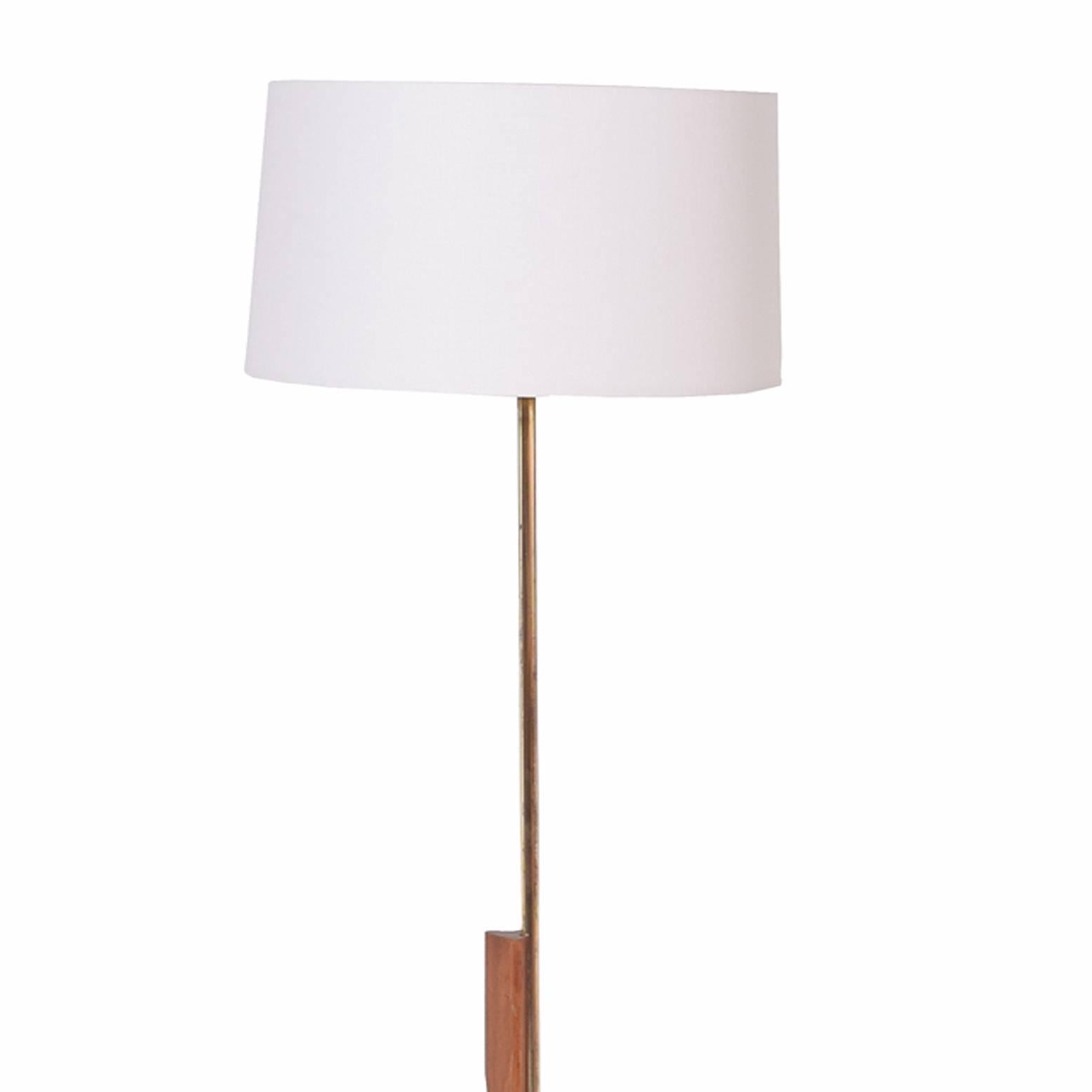 Oak, brass, steel adjustable in height floor lamp design in 1950s new shade.