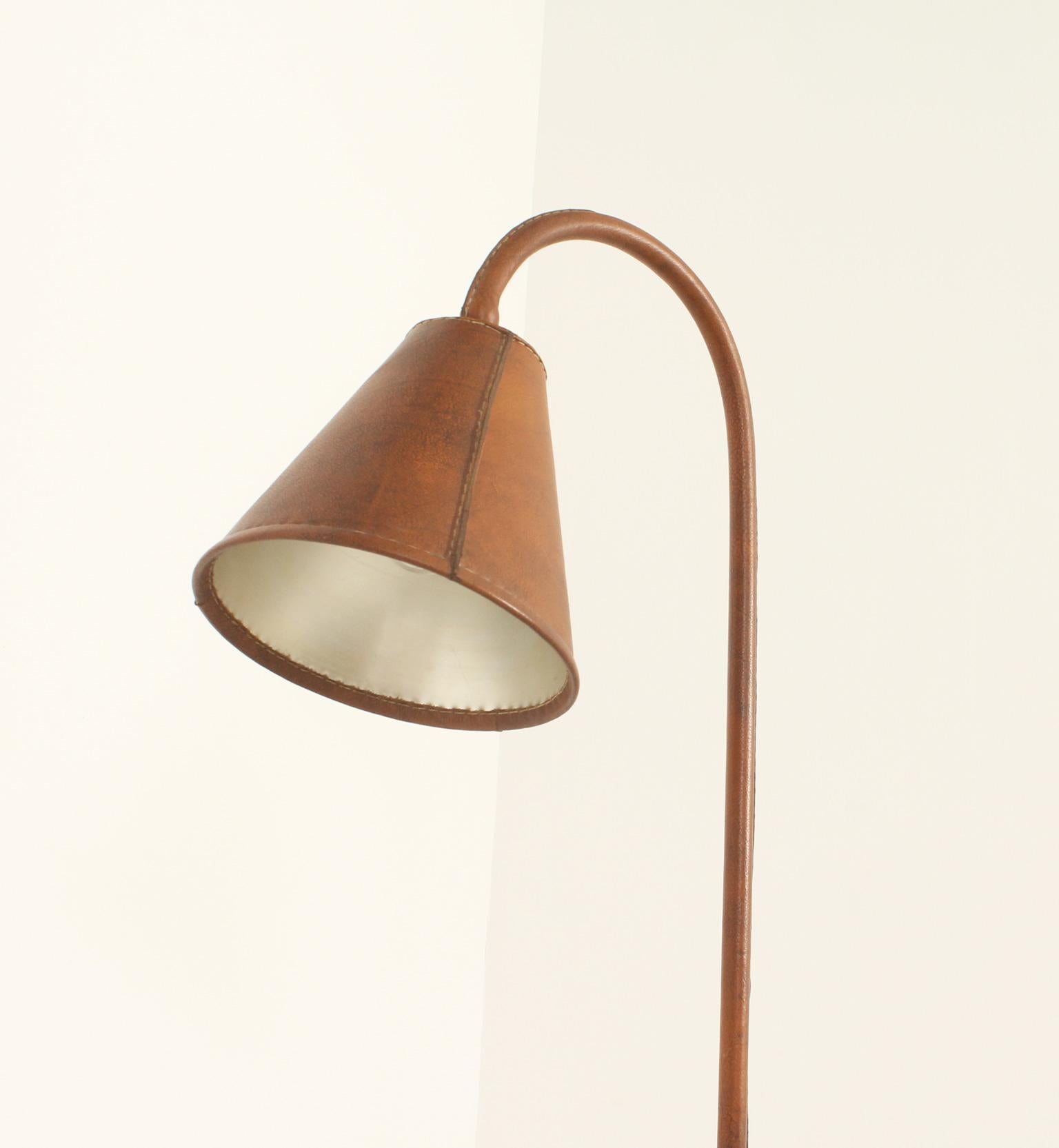 Mid-Century Modern Floor Lamp by Valenti in Brown Leather, Spain, 1950's For Sale