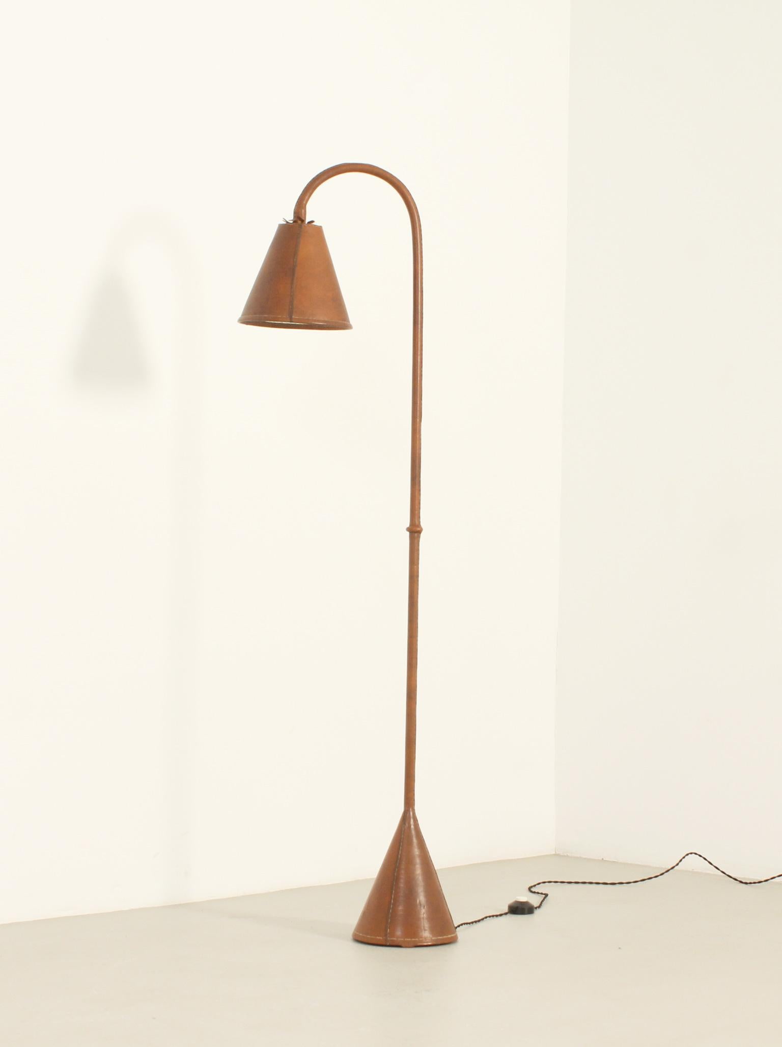 Spanish Floor Lamp by Valenti in Brown Leather, Spain, 1950's For Sale