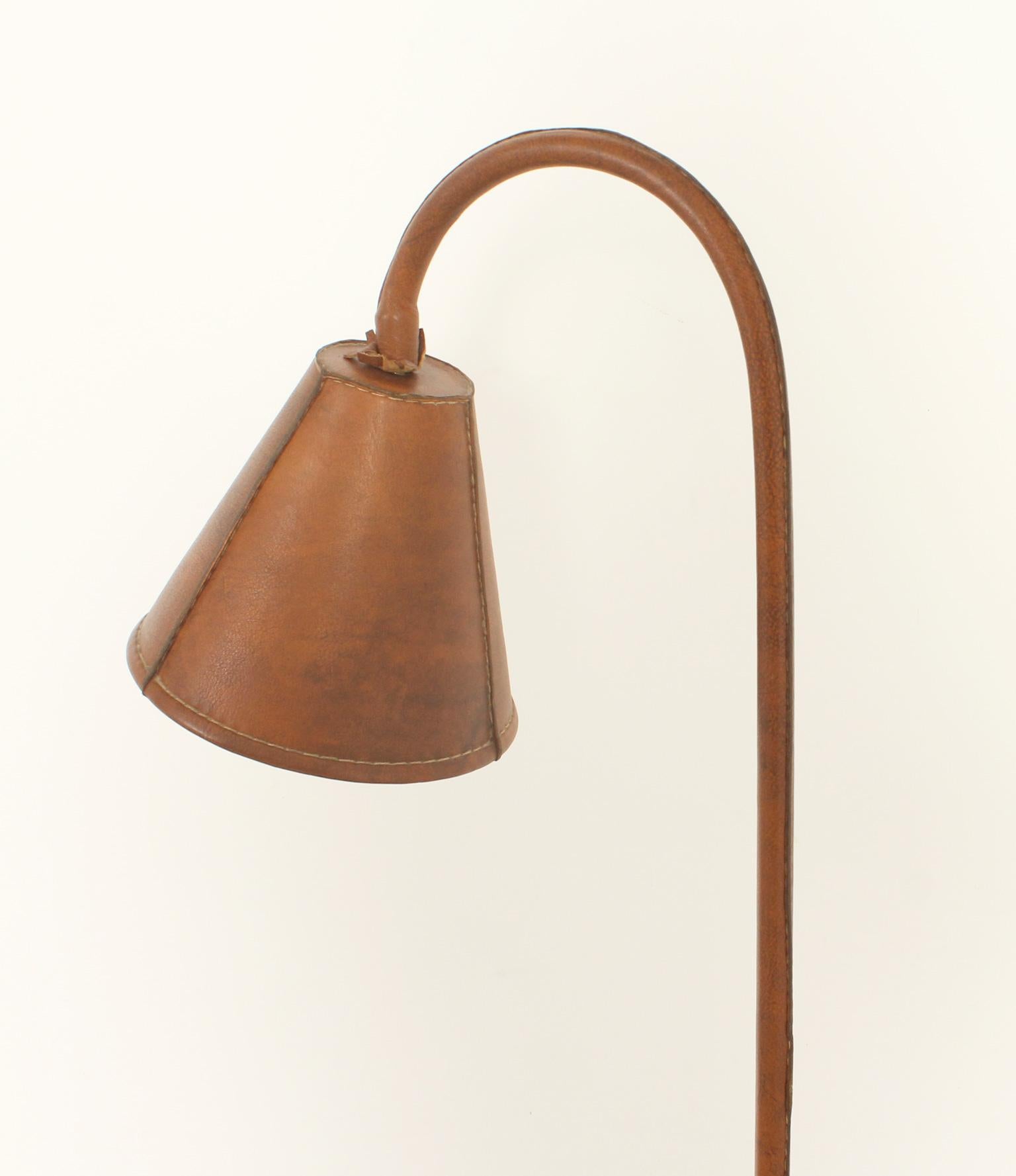 Mid-20th Century Floor Lamp by Valenti in Brown Leather, Spain, 1950's For Sale