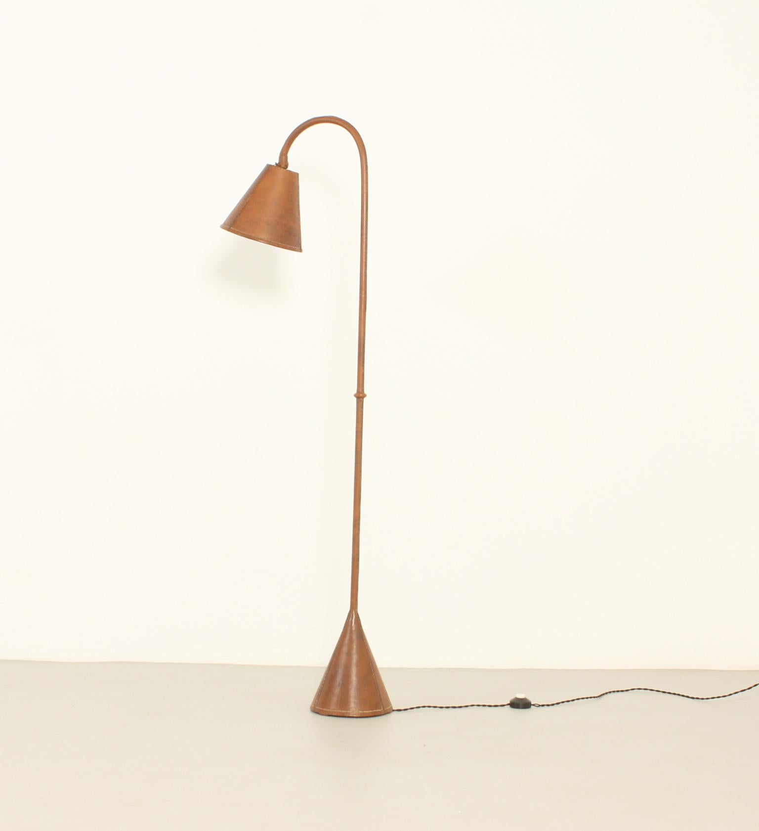 Metal Floor Lamp by Valenti in Brown Leather, Spain, 1950's For Sale