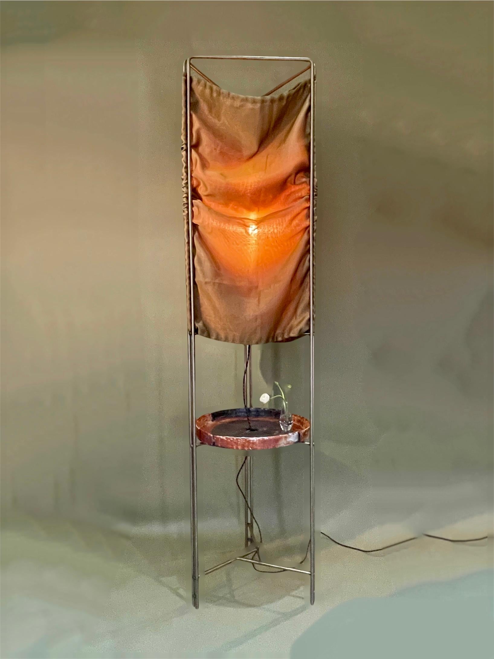 American Floor Lamp Ceramic Top Stainless Steel Frame by Hannelore Freer & Filipe Ramos For Sale