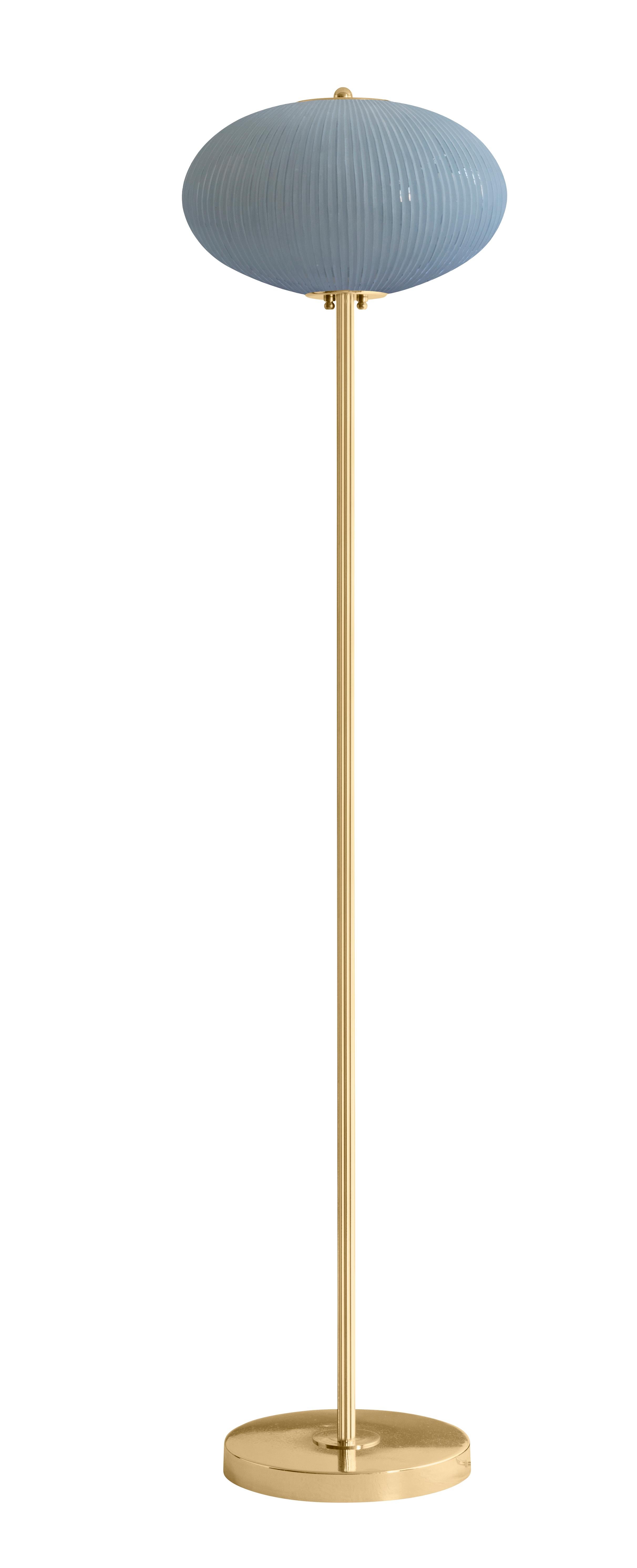 Floor lamp China 07 by Magic Circus Editions
Dimensions: H 150 x W 32 x D 32 cm, also available in H 140, 160
Materials: Brass, mouth blown glass sculpted with a diamond saw
Colour: opal grey

Available finishes: Brass, nickel
Available
