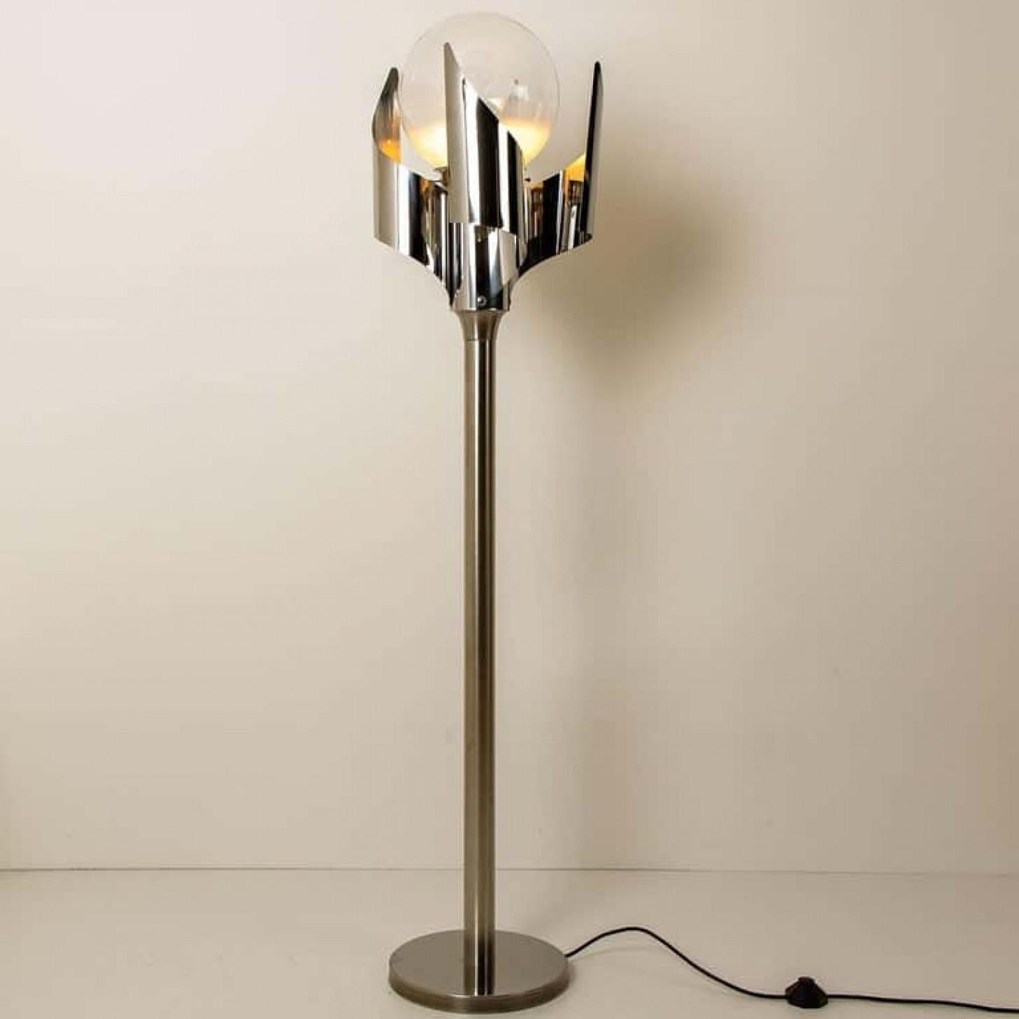 Space Age Floor Lamp Chrome Blown Glass by Reggiani, Italy, 1970 For Sale