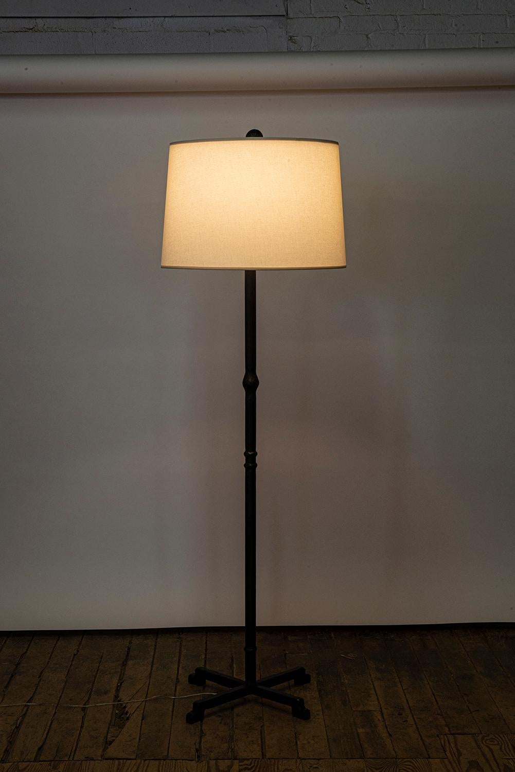 Floor Lamp Classic Contemporary Hand-Sculpted Blackened Steel and Linen Shade In New Condition For Sale In Bronx, NY
