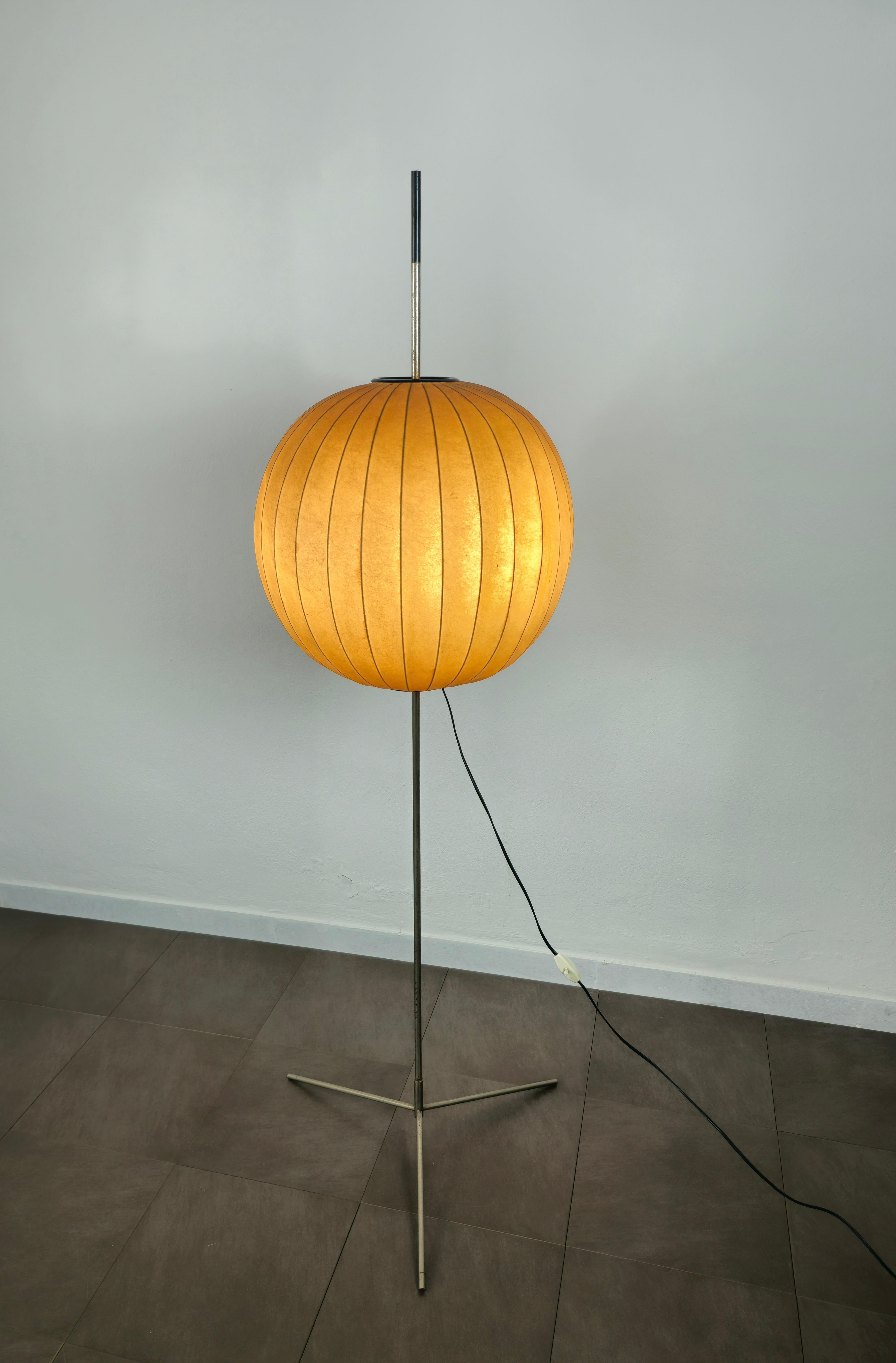 Mid-Century Modern Floor Lamp Cocoon Chromed Metal Tripod Midcentury Italian Design 1960s