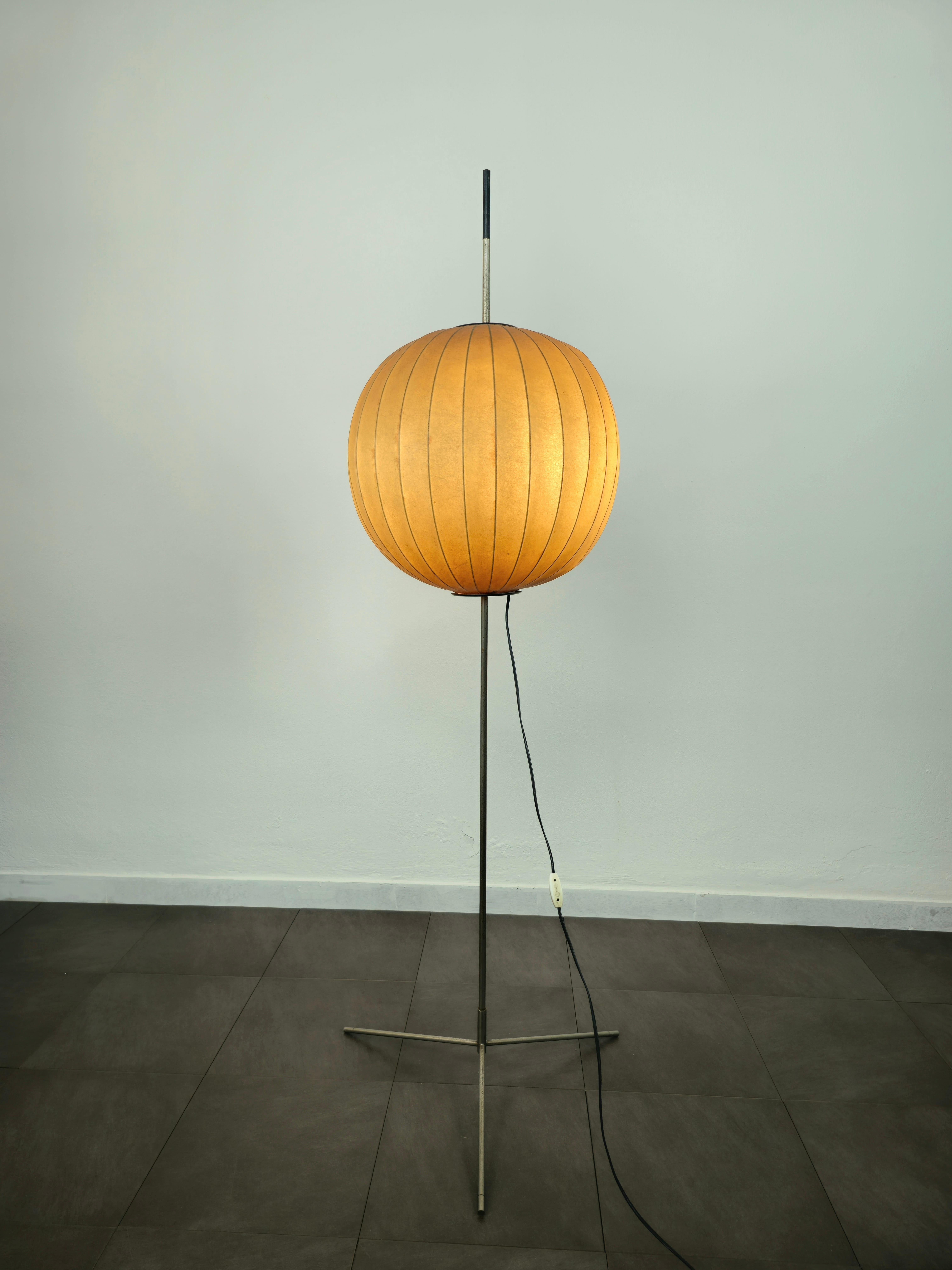 Floor Lamp Cocoon Chromed Metal Tripod Midcentury Italian Design 1960s 1