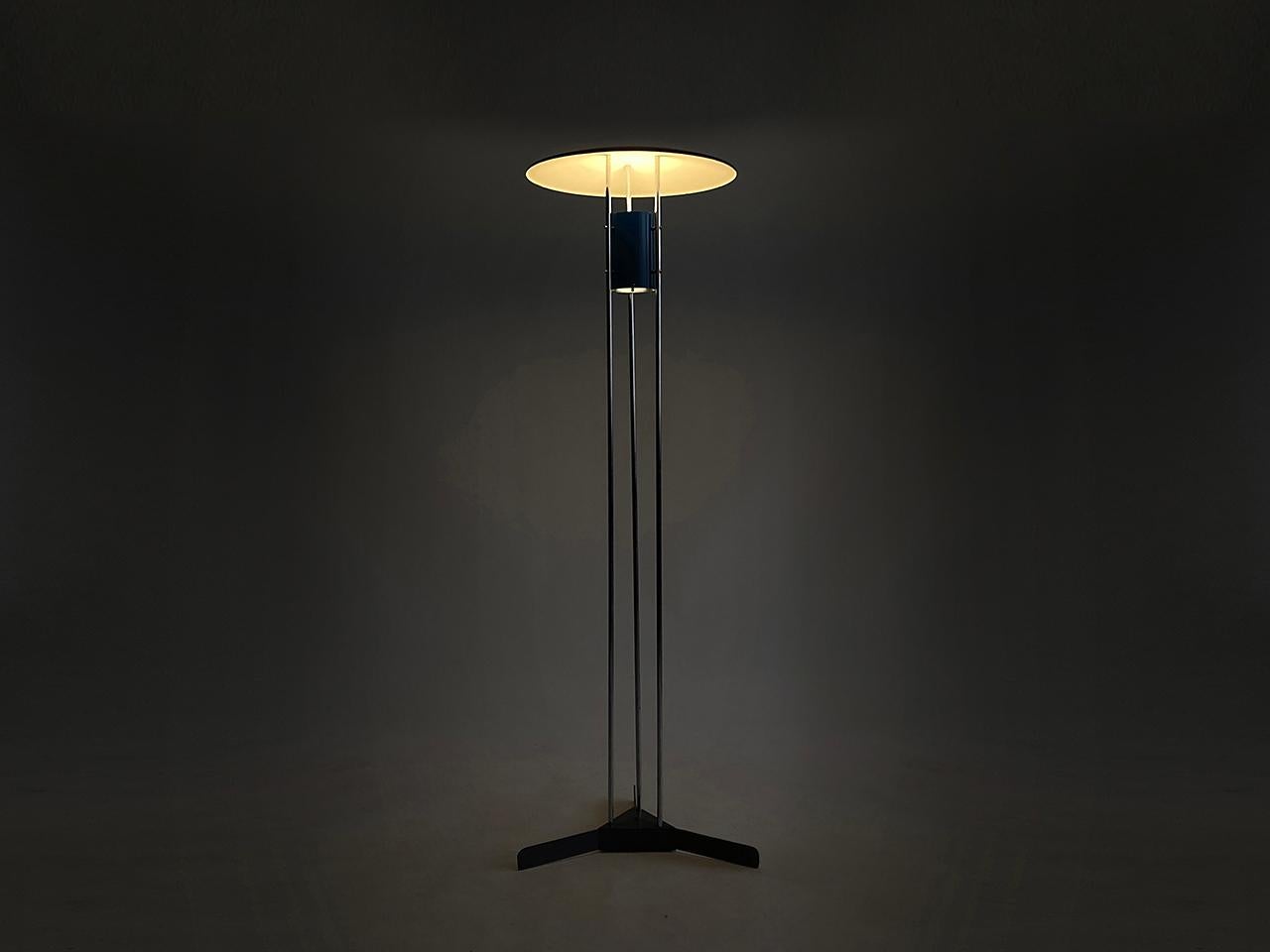 This rare floor lamp made of painted sheet metal and chromed tubular steel was made by OPP/Vyskov in former Czechoslovakia.
It was manufactured in the 1970s in the style of the 1920s/1930s.
Completely restored and newly electrified.
 