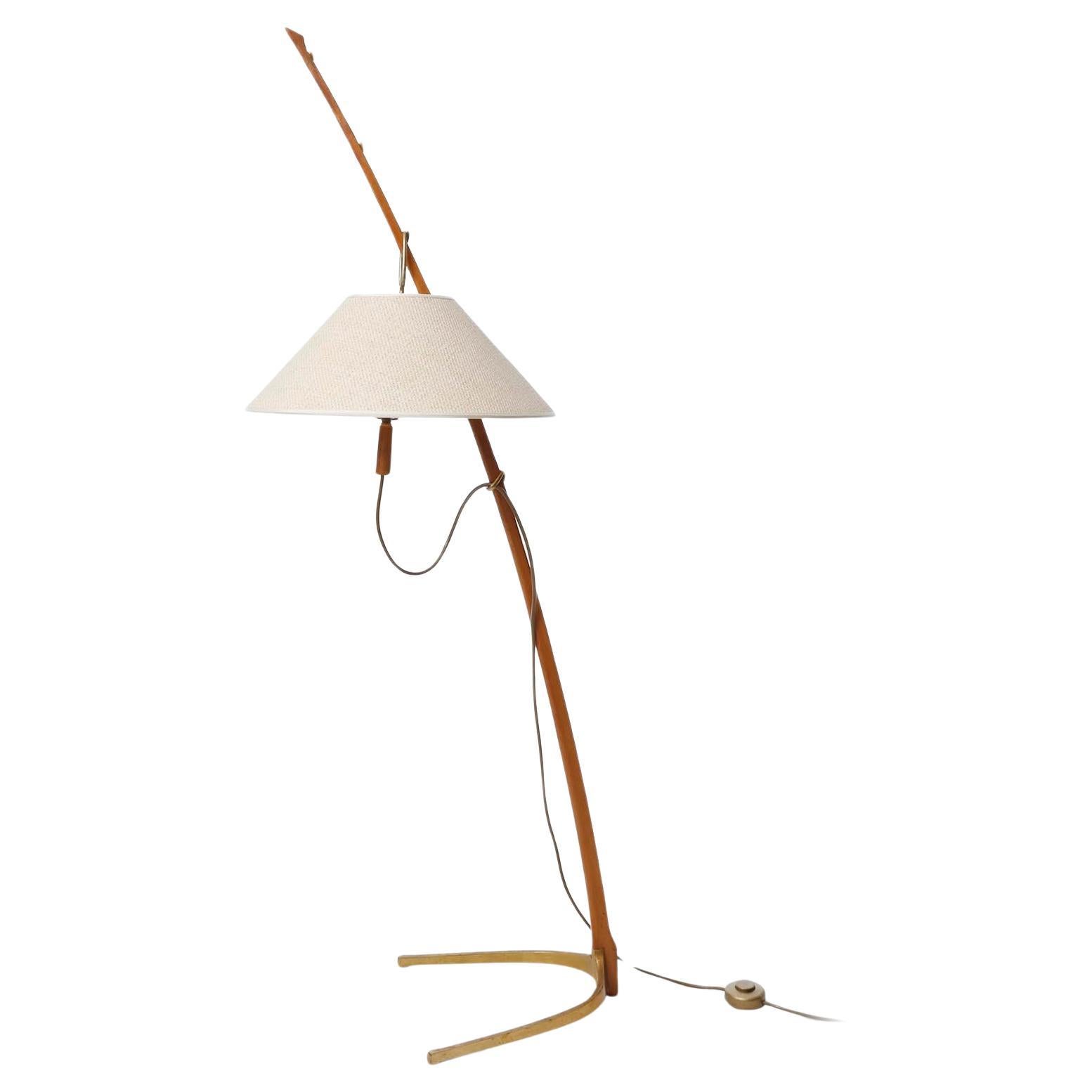Mid-Century Modern Floor Lamp 'Dornstab' No. 2076 by J.T. Kalmar, Patinated Brass Wood Cane, 1960 For Sale