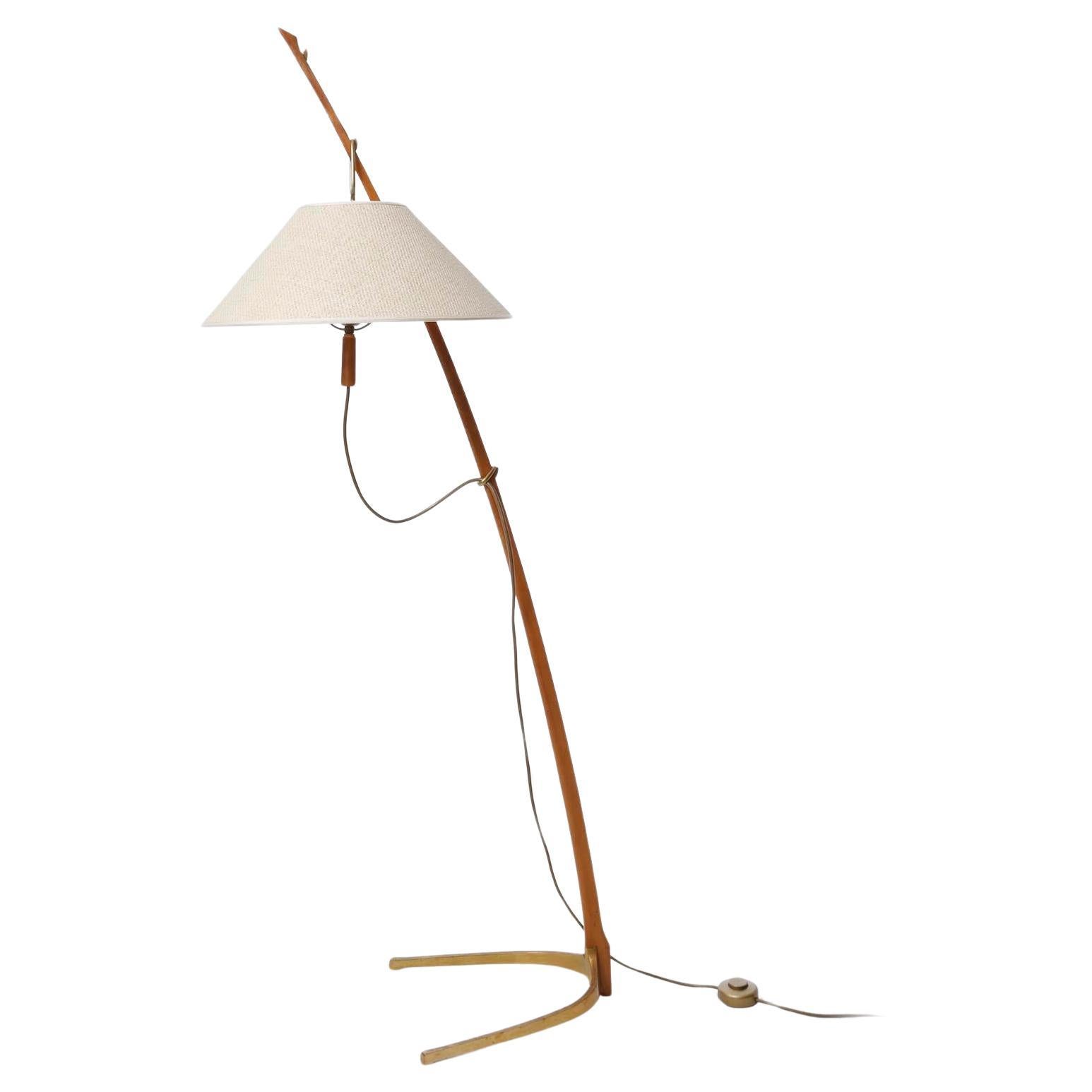Austrian Floor Lamp 'Dornstab' No. 2076 by J.T. Kalmar, Patinated Brass Wood Cane, 1960 For Sale