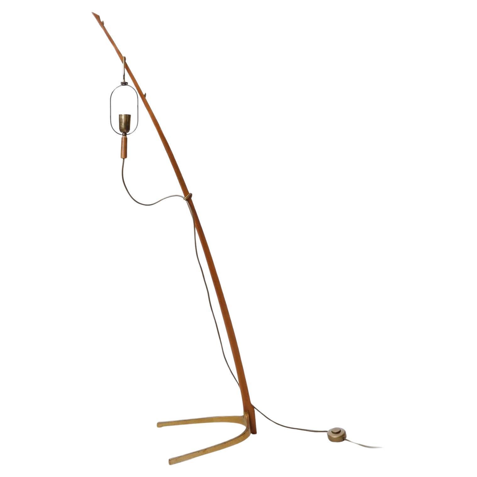 Mid-20th Century Floor Lamp 'Dornstab' No. 2076 by J.T. Kalmar, Patinated Brass Wood Cane, 1960 For Sale