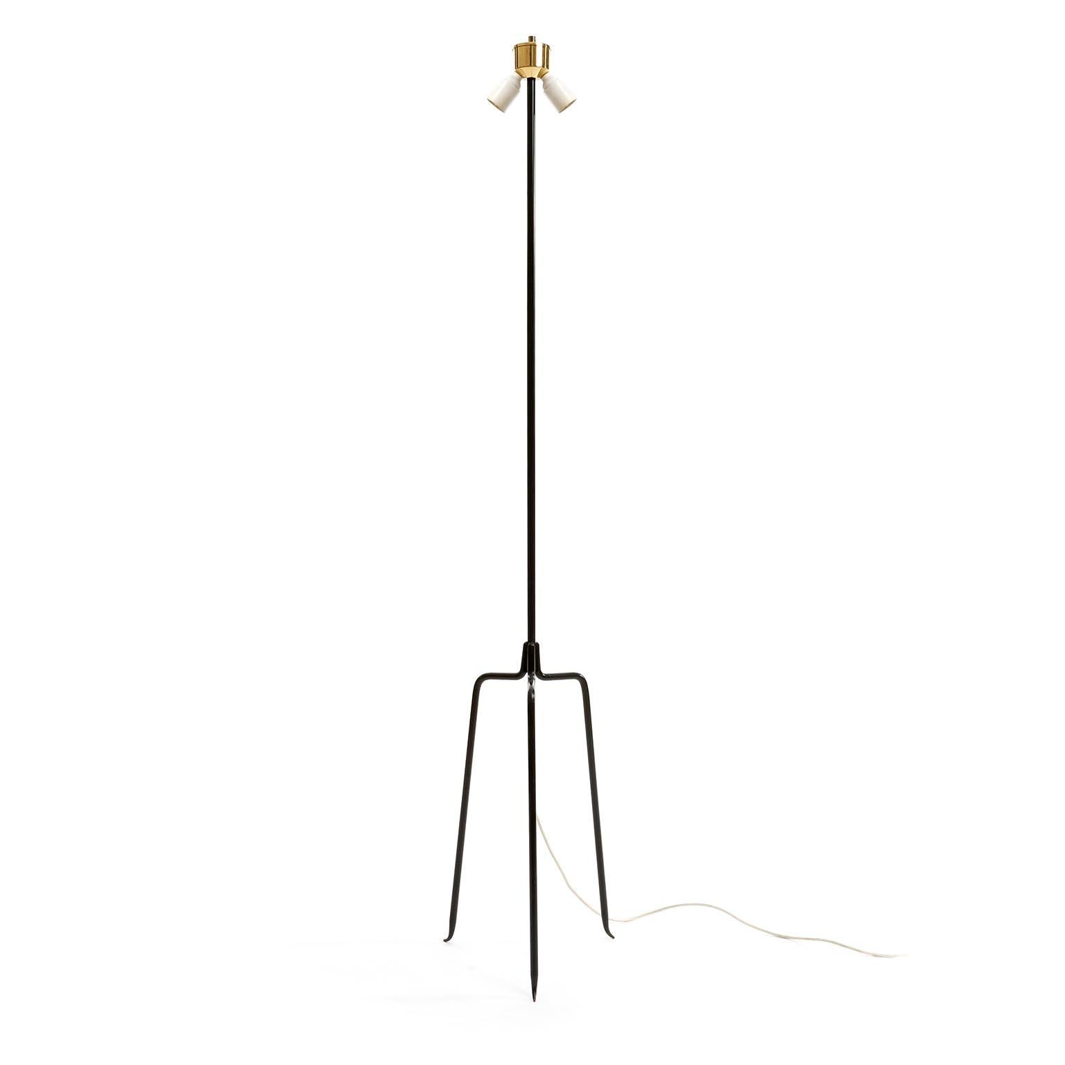 Mid-Century Modern Floor Lamp 'Eisendreistelz' J.T. Kalmar, Black Iron Metal Brass Gray Shade 1960s For Sale