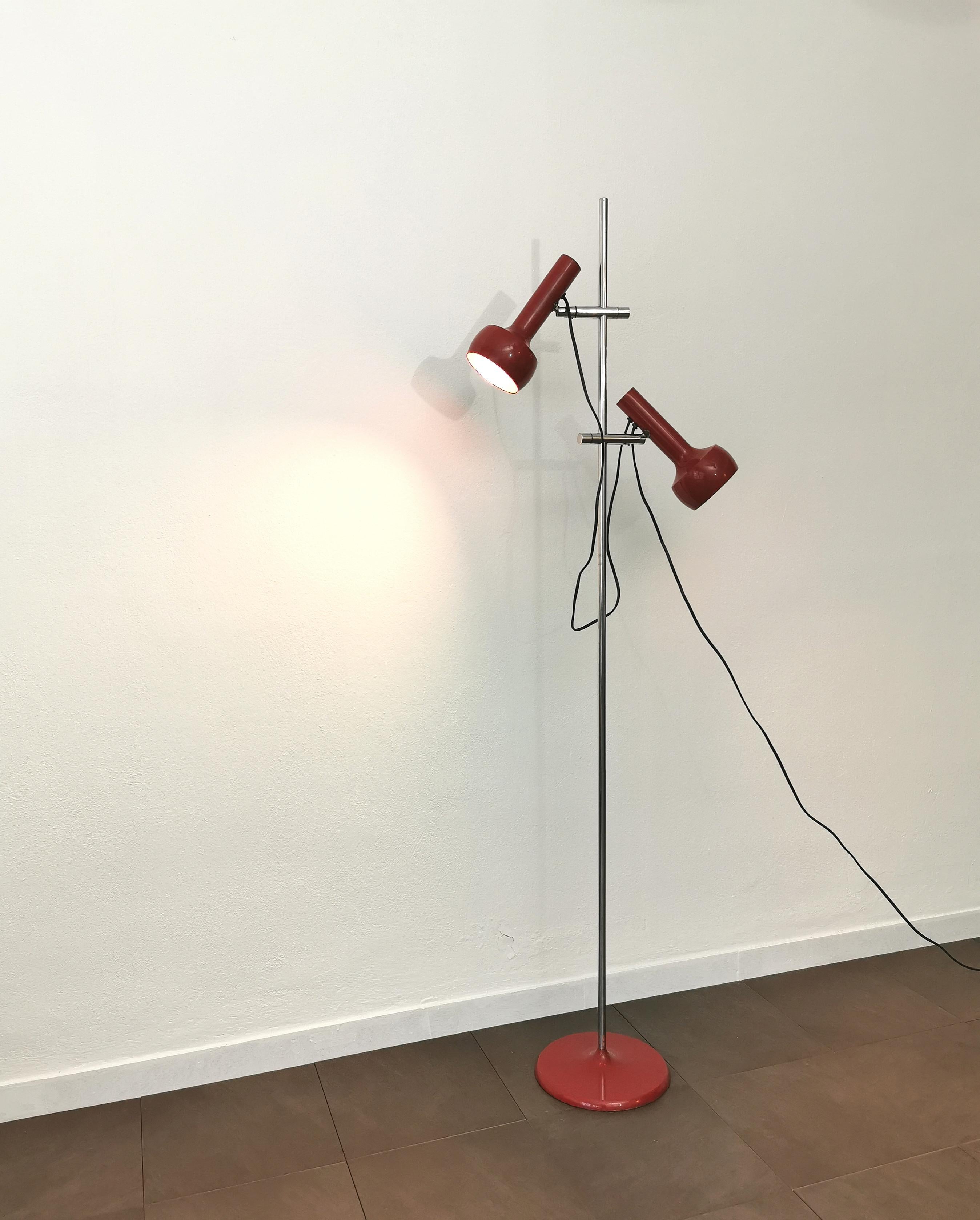 Floor Lamp Enameled Aluminum Red Brass Metal Chromed Midcentury, 1970s In Good Condition In Palermo, IT
