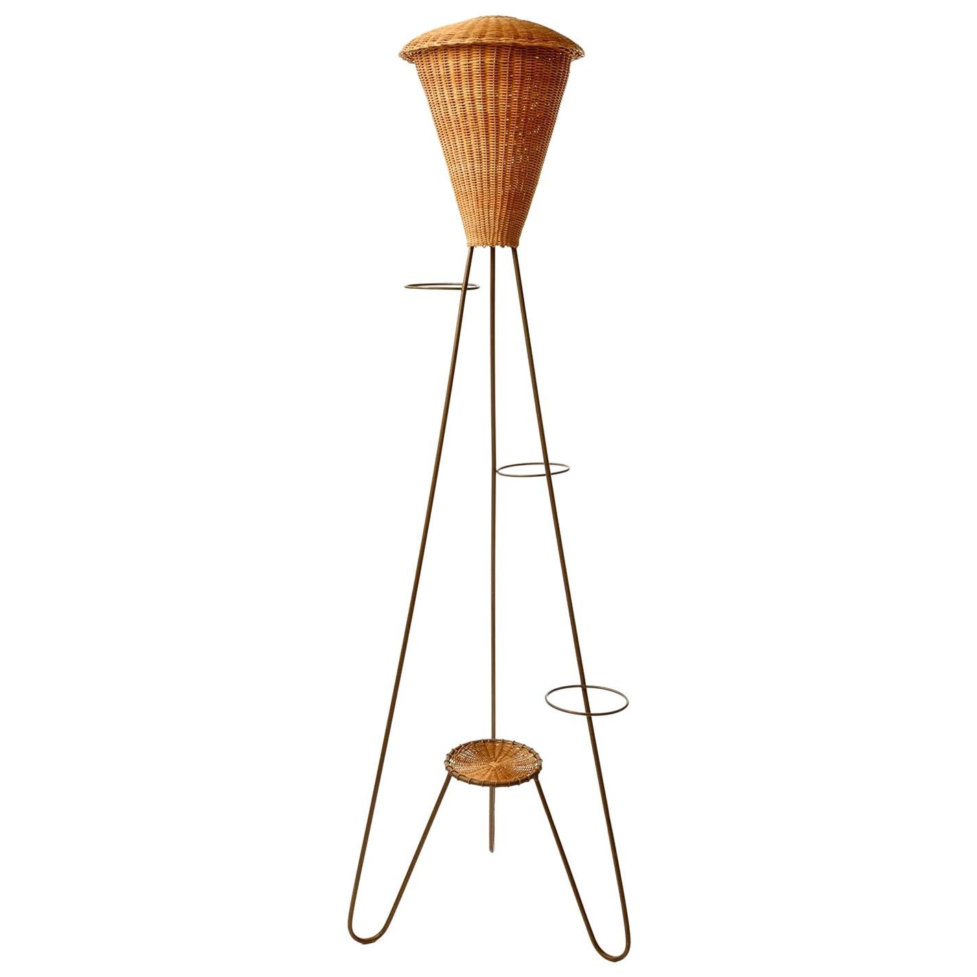 Floor Lamp Flower Stand, Patinated Brass Wicker Rattan, 1960