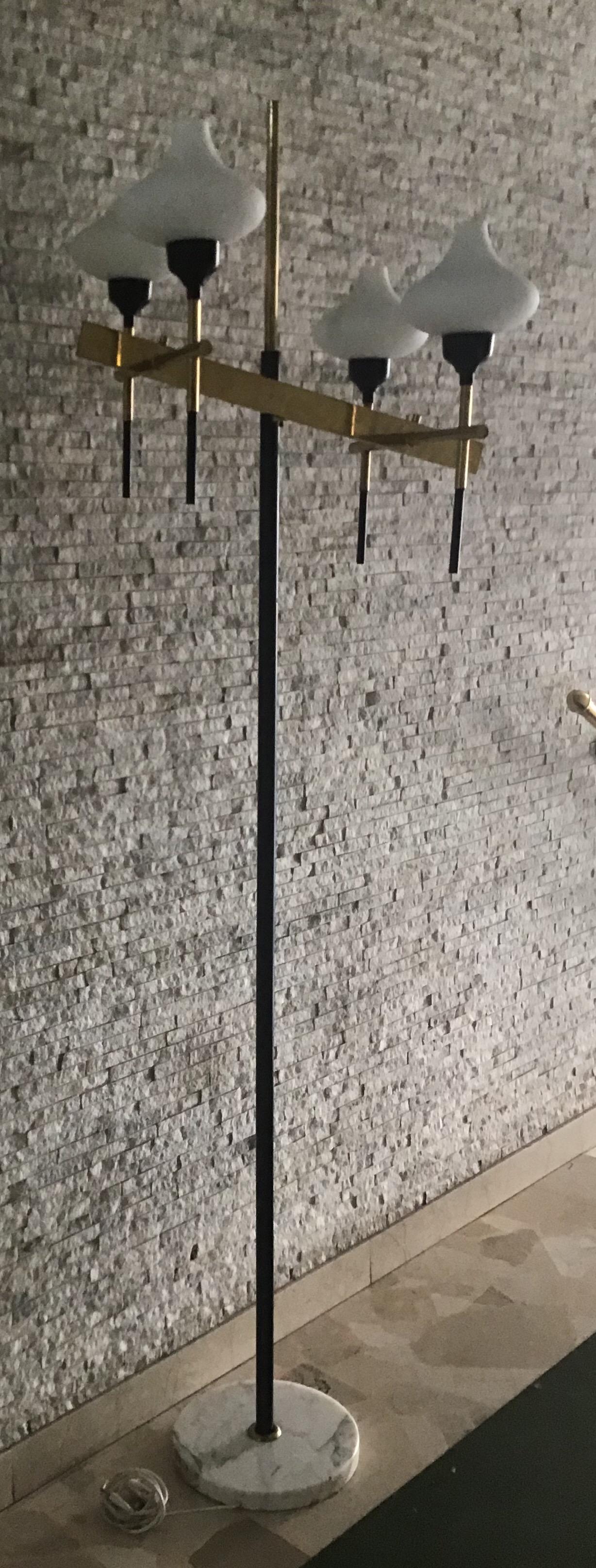 Floor Lamp Four-Light Marble Iron Glass Brass, Italy, in the style of Stilnovo In Excellent Condition In Milano, IT