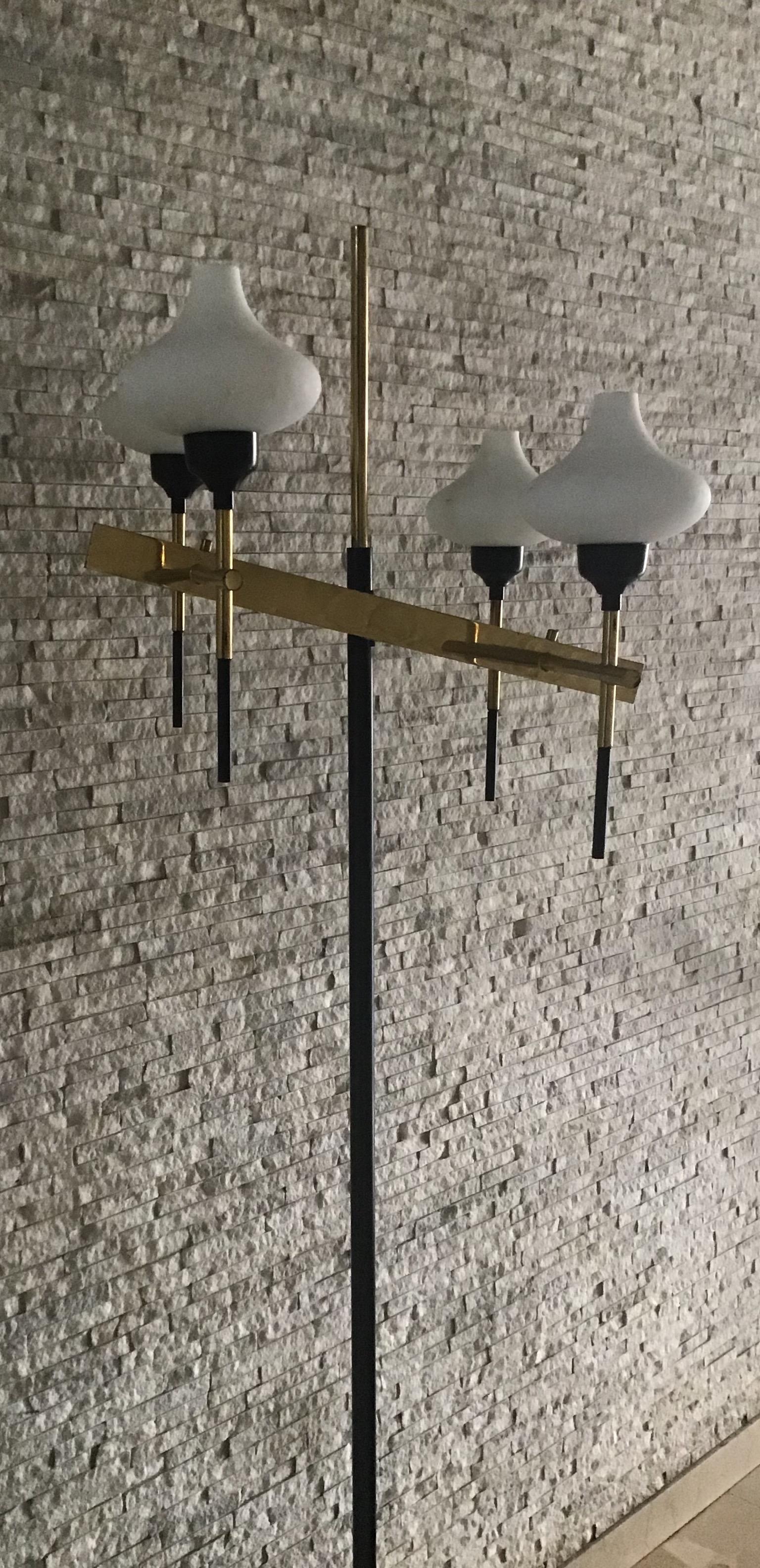 Mid-20th Century Floor Lamp Four-Light Marble Iron Glass Brass, Italy, in the style of Stilnovo