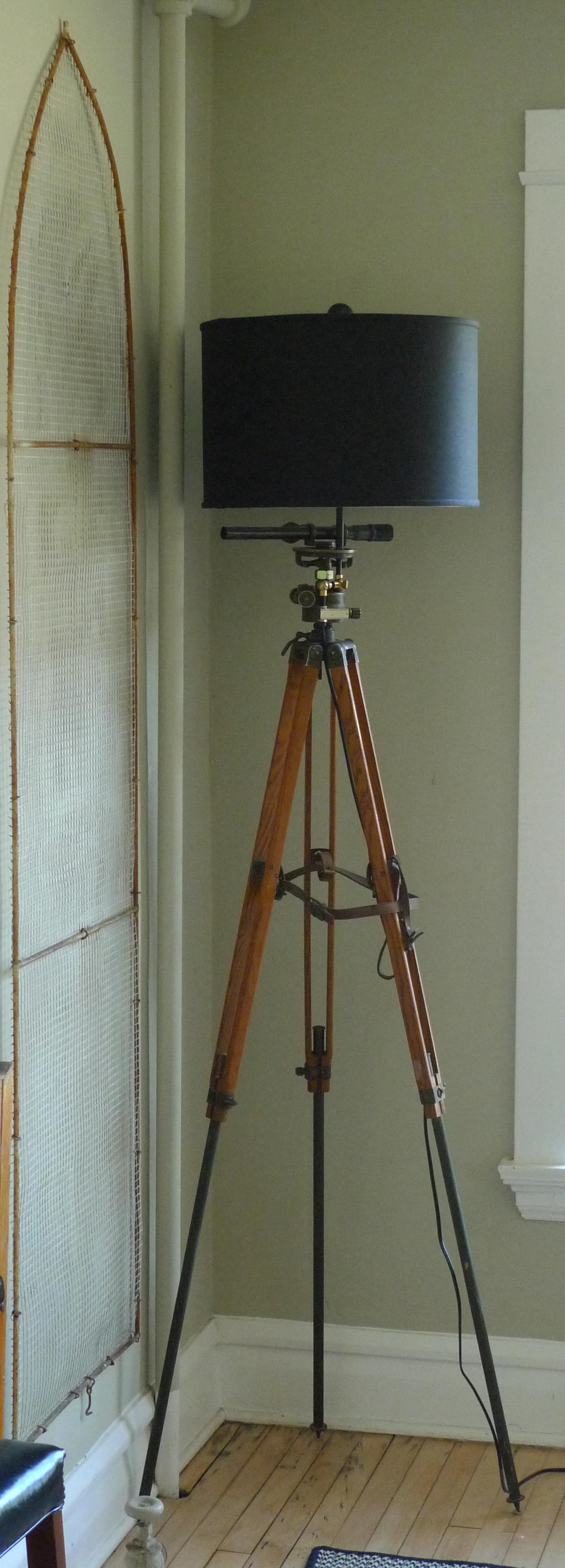 Floor Lamp from Army Surveyor Tripod with Scope, Oak Legs, Leather Strapping 4