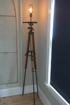 Floor Lamp from Army Surveyor Tripod with Scope, Oak Legs, Leather Strapping
