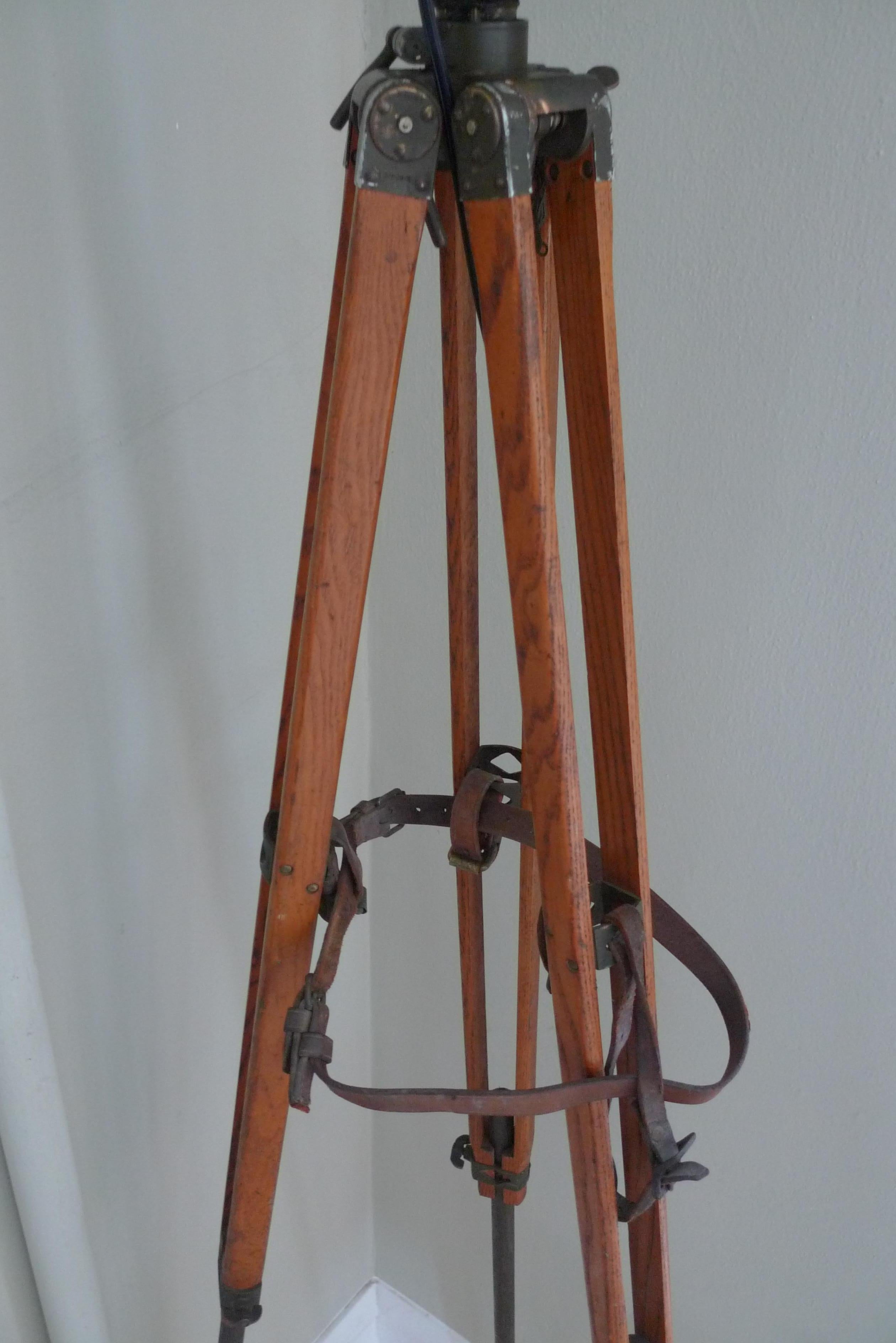 Industrial Floor Lamp from Army Surveyor Tripod with Scope, Oak Legs, Leather Strapping