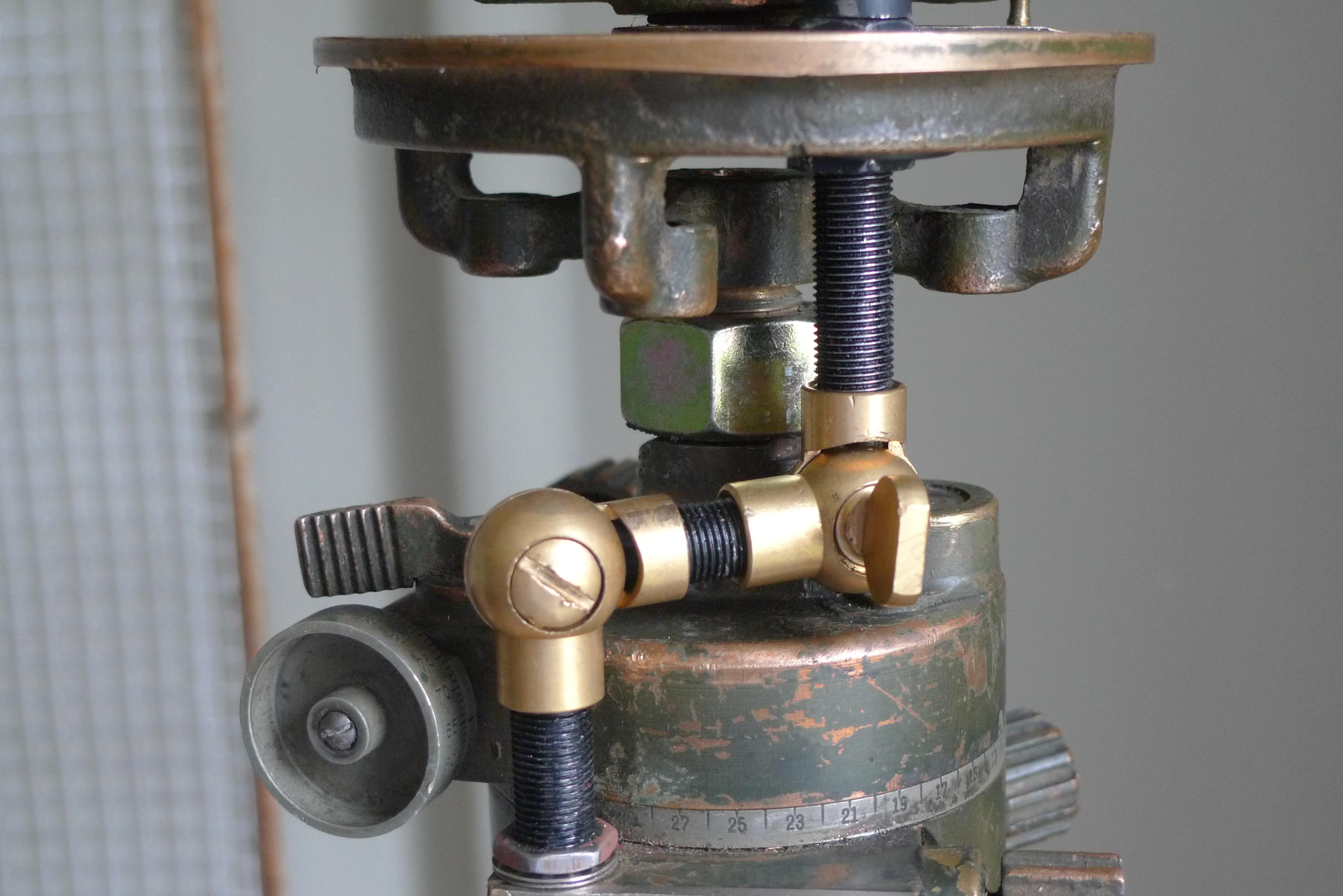 Floor Lamp from Army Surveyor Tripod with Scope, Oak Legs, Leather Strapping In Good Condition In Madison, WI