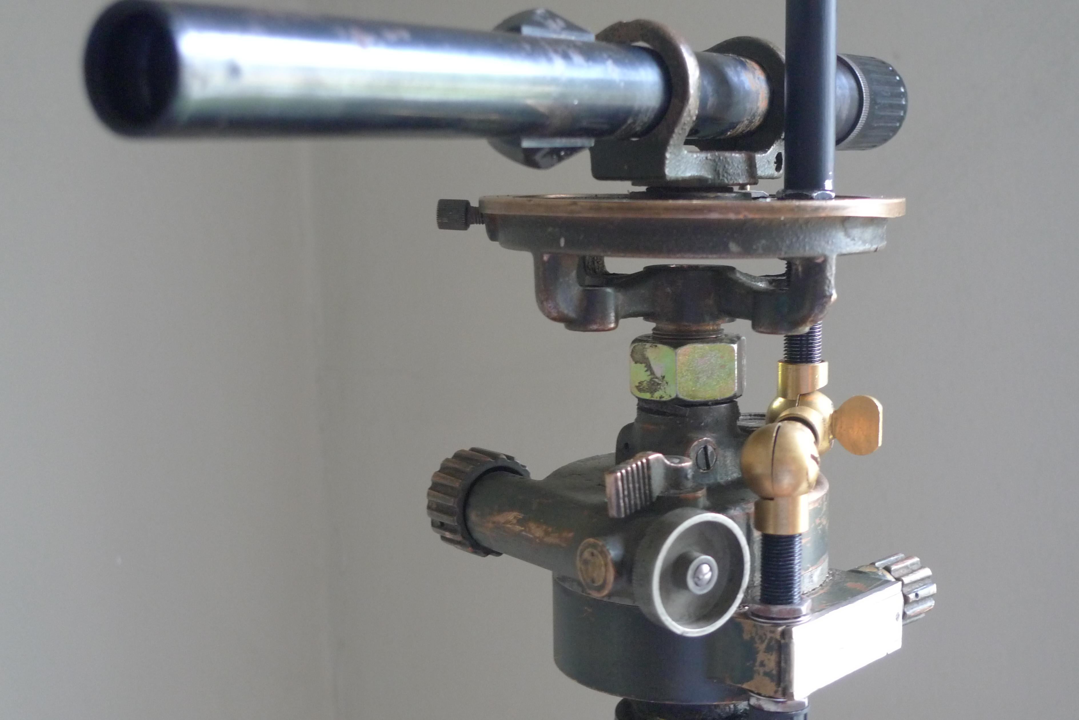 Mid-20th Century Floor Lamp from Army Surveyor Tripod with Scope, Oak Legs, Leather Strapping