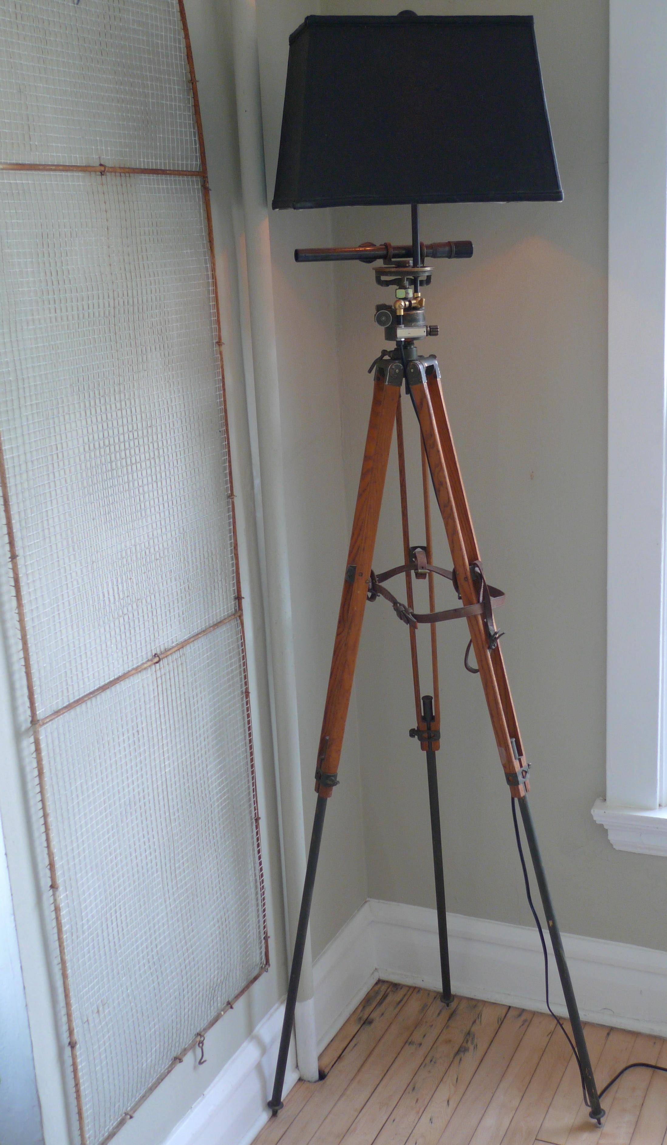 Brass Floor Lamp from Army Surveyor Tripod with Scope, Oak Legs, Leather Strapping