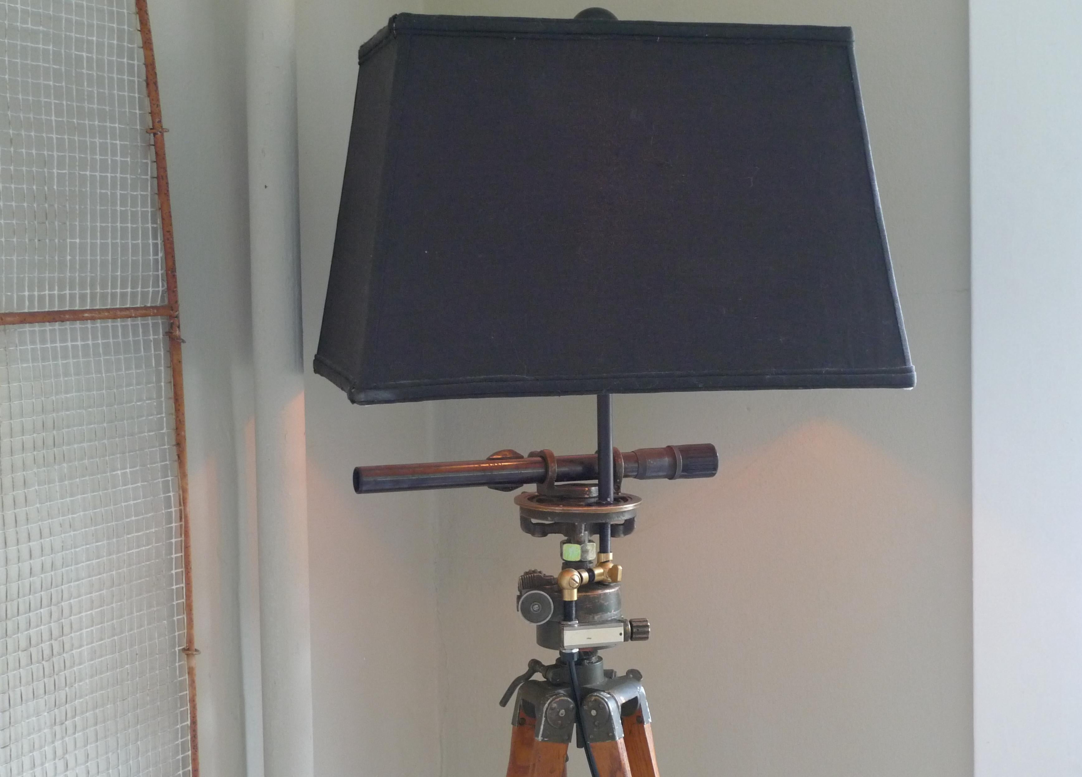 Floor Lamp from Army Surveyor Tripod with Scope, Oak Legs, Leather Strapping 1
