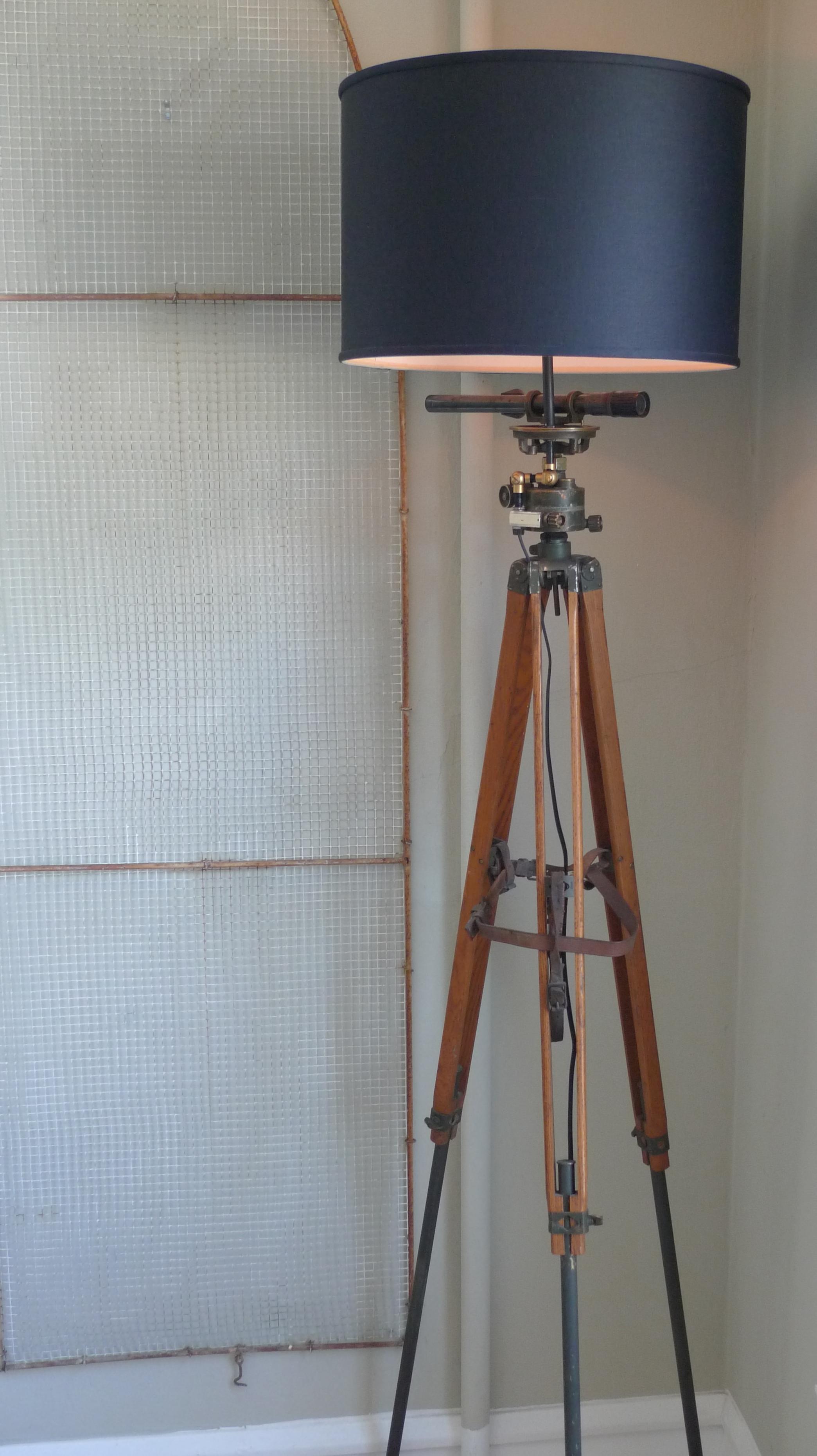 Floor Lamp from Army Surveyor Tripod with Scope, Oak Legs, Leather Strapping 2