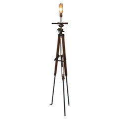 Floor Lamp from Army Surveyor Tripod with Scope, Oak Legs, Leather Strapping