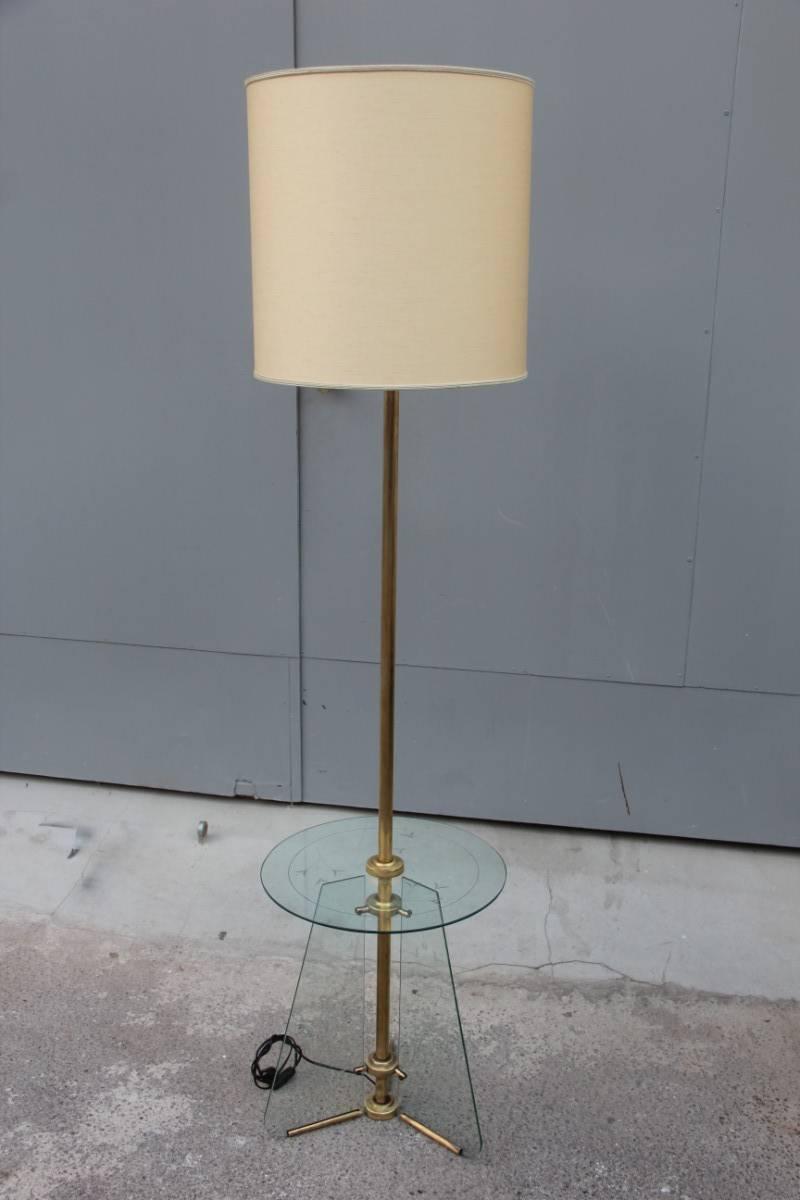 Mid-Century Modern Floor Lamp from the 1940s Engraved Glass and Brass Parts For Sale