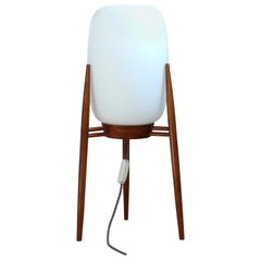 Vintage Floor Lamp, Glass Lampshade, Wooden Tripod Base, Space Age, 1960s