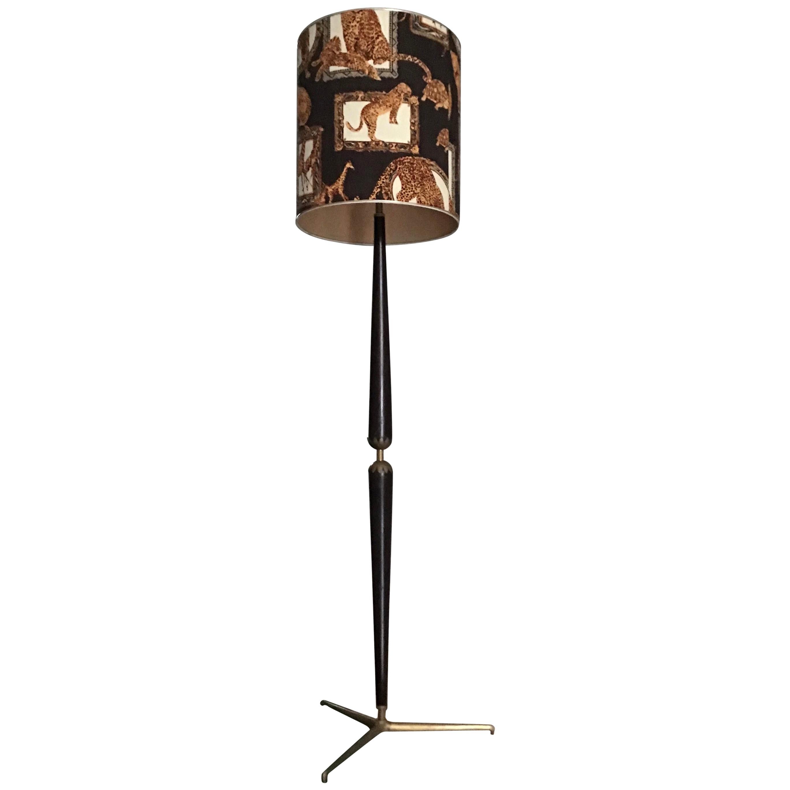 Floor Lamp Ico Parisi #Stile# Wood Brass Fabric Lampshade, 1950, Italy