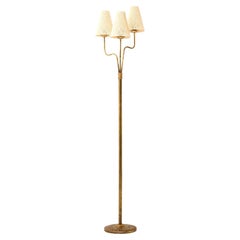 Lampadaire en laiton et abat-jour d'origine, années 1950