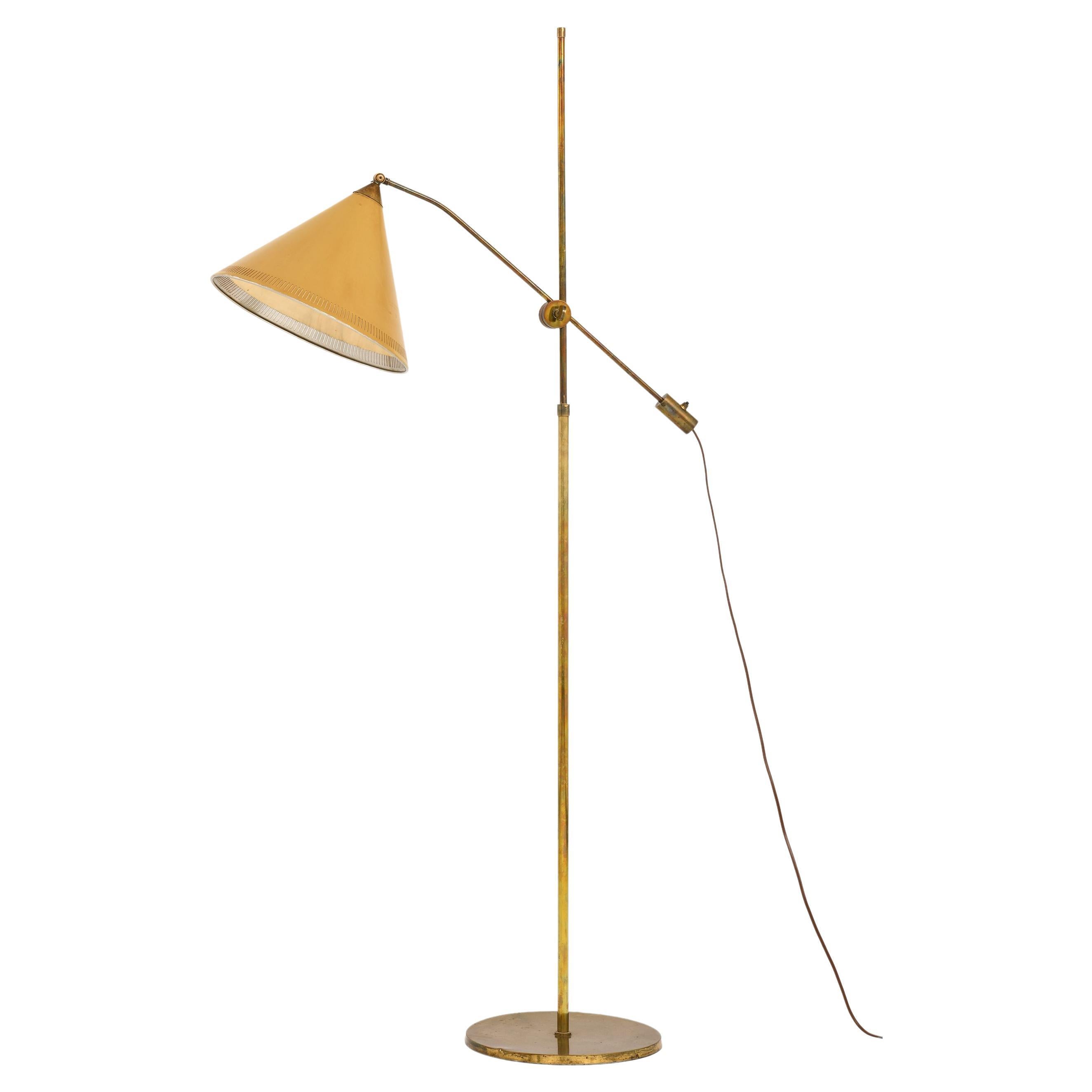 Floor Lamp in Brass and Original Yellow Lamp Shade, 1950's For Sale