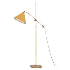 Floor Lamp in Brass and Original Yellow Lamp Shade, 1950's